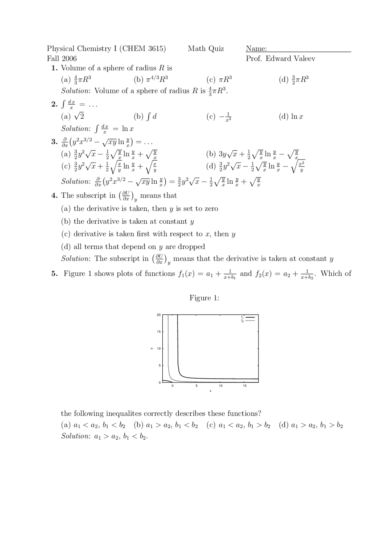 Math Solution Study Guide 1 - Physical Chemistry | CHEM 3615 - Docsity