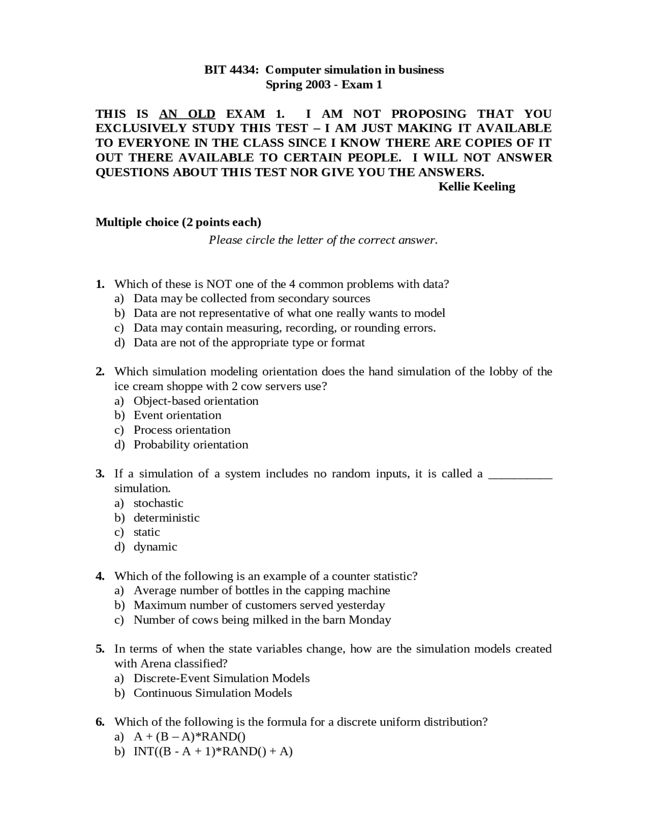 Practice Exam 1 - Computer Simulation in Business | BIT 4434 - Docsity