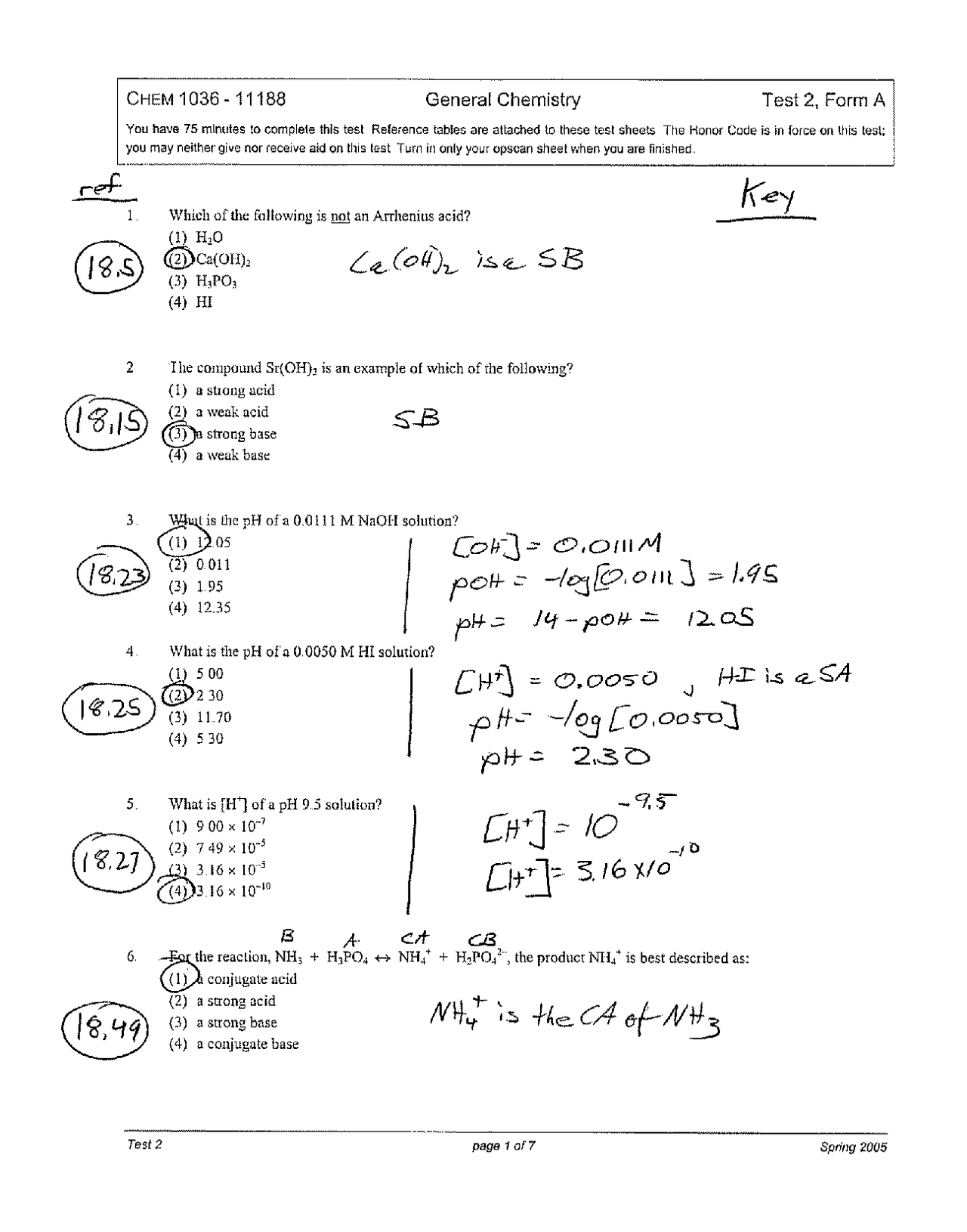 Exam 2 Form A with Solution Key - General Chemistry | CHEM 1036 - Docsity