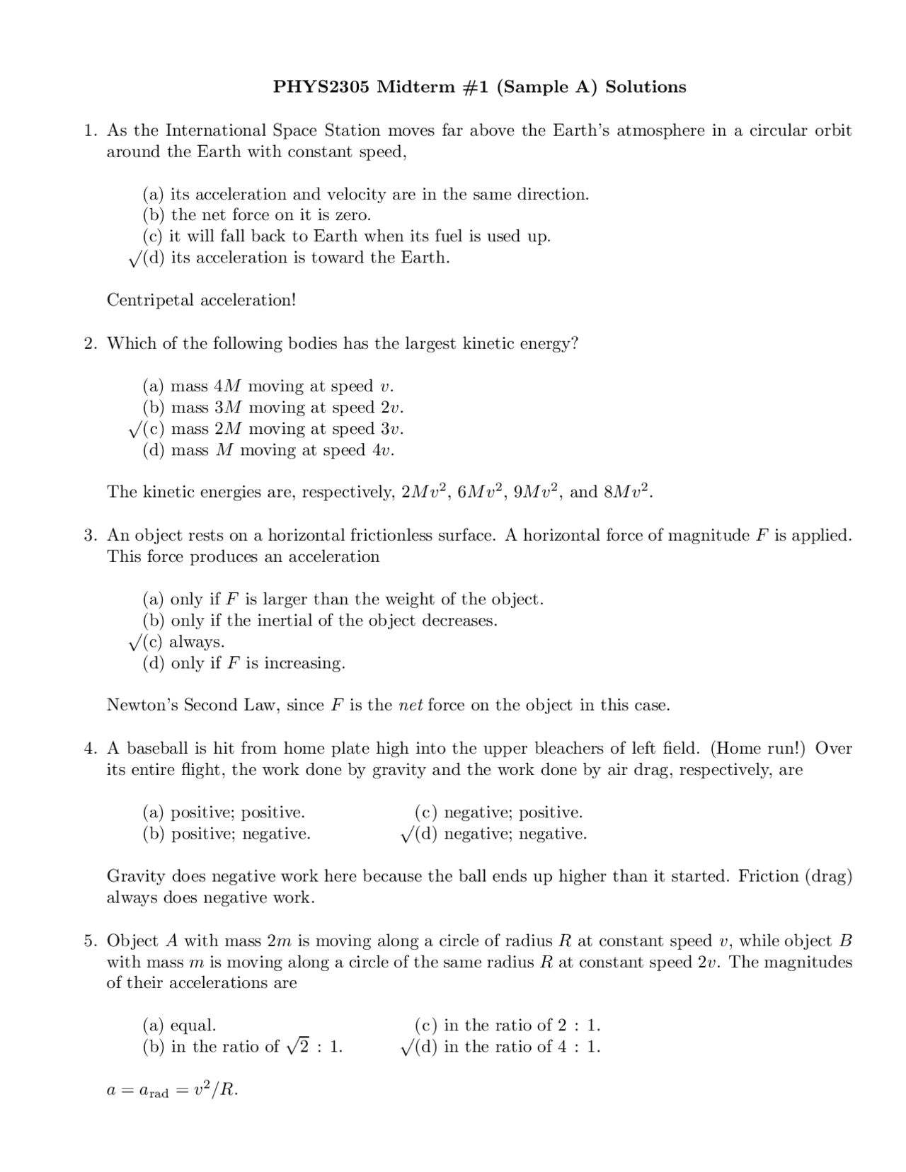 Physics - Practice Midterm Exam 1 w/ Answers | PHYS 2305 - Docsity