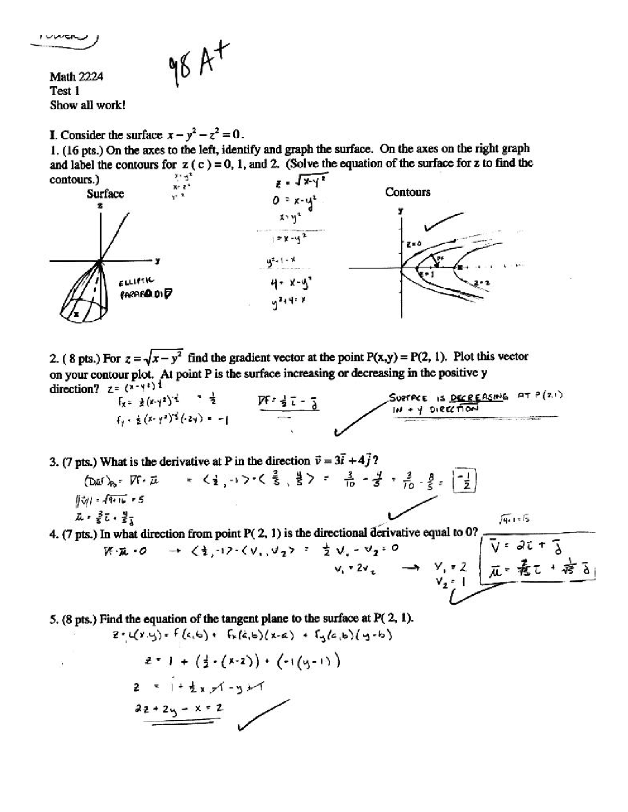 Multivariable Calculus Tests Multivariable Calculus - Solutions to Test 1 | MATH 2224 - Docsity