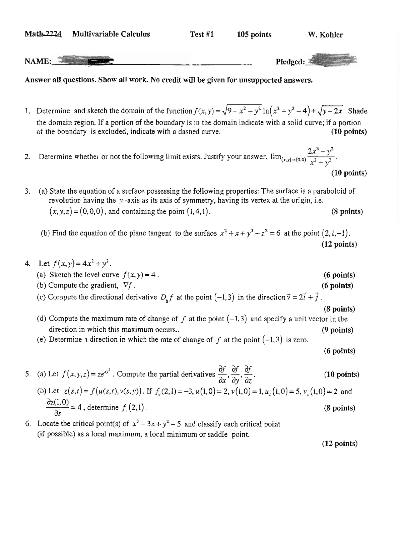 Multivariable Calculus Test 1 with answers | MATH 2224 - Docsity