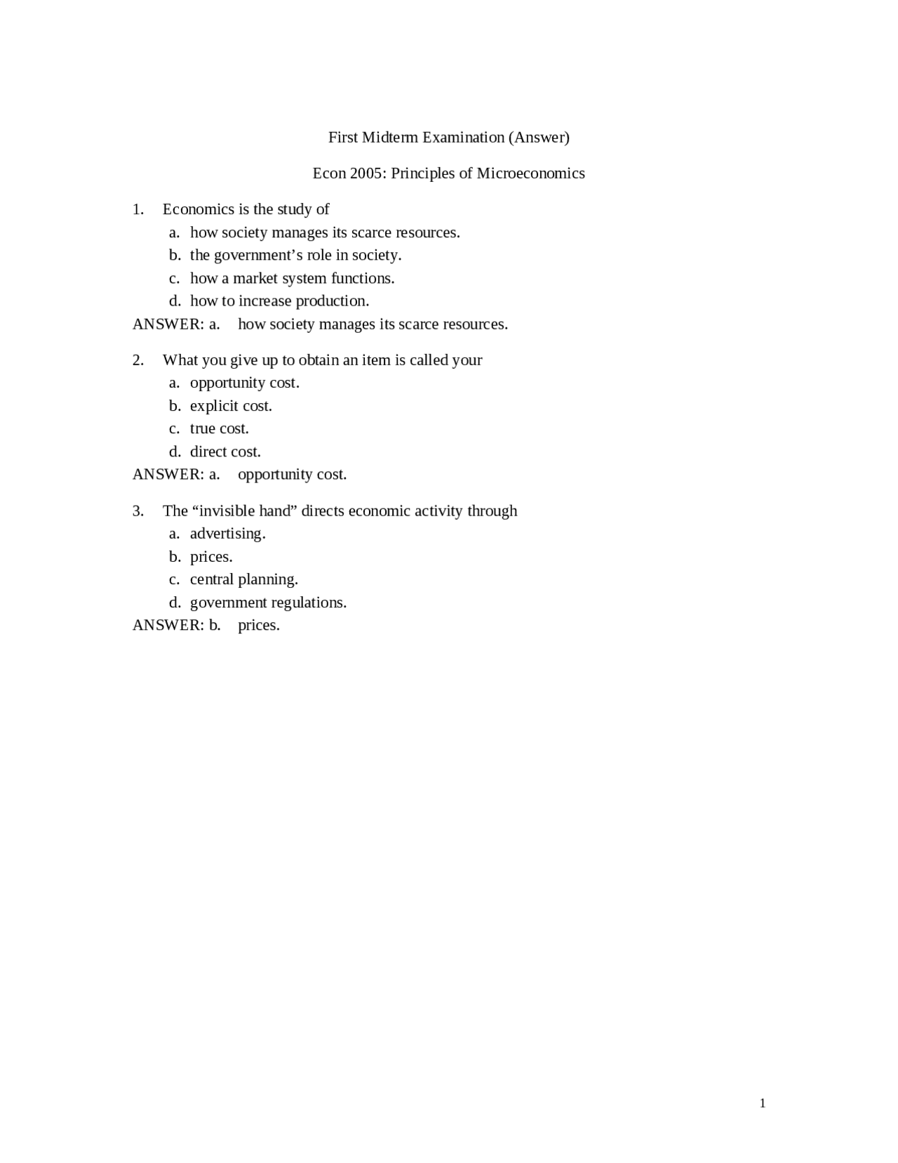 Solutions for Midterm Exam 1 - Principles of Economics | ECON 2005 ...