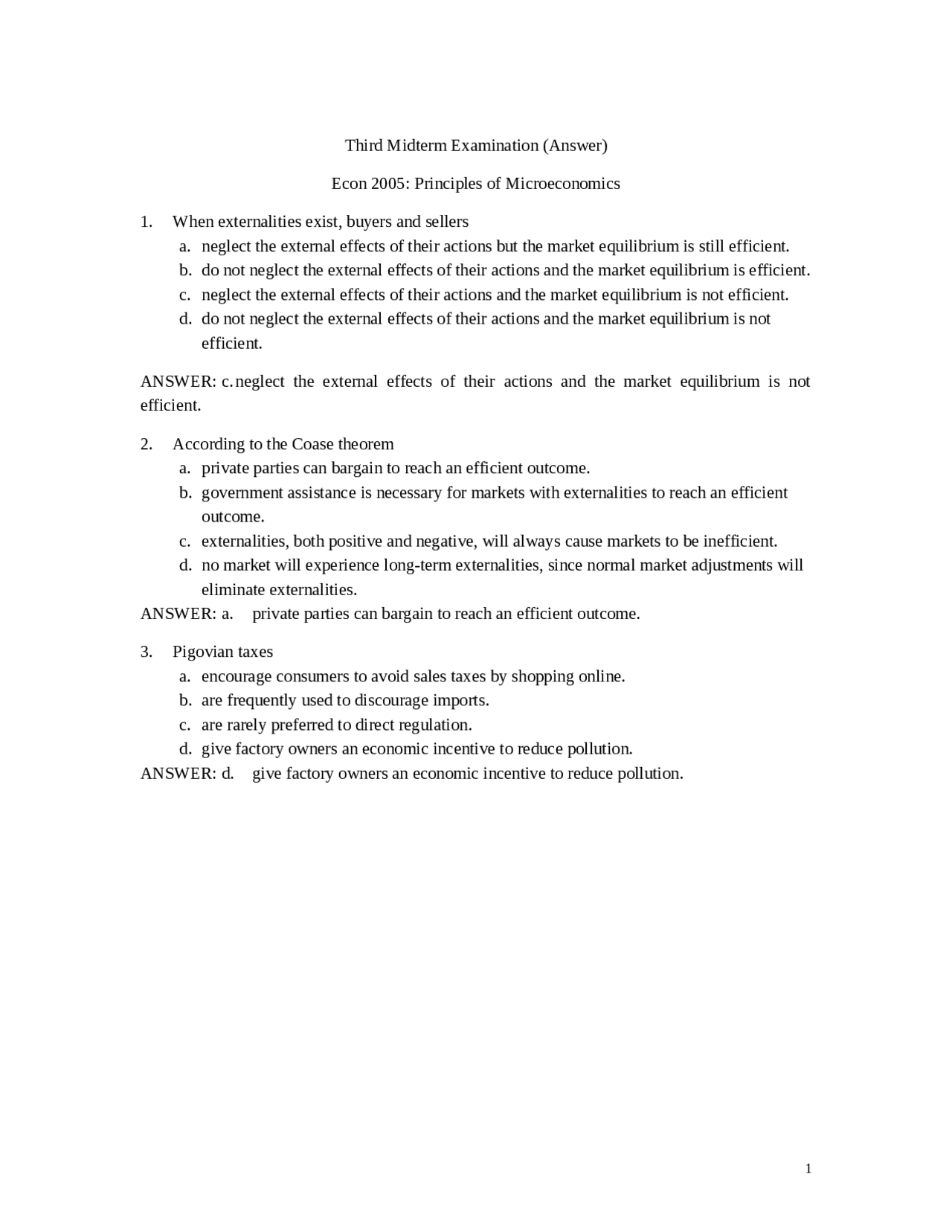Midterm Exam 3 with Solutions - Principles of Economics | ECON 2005 ...