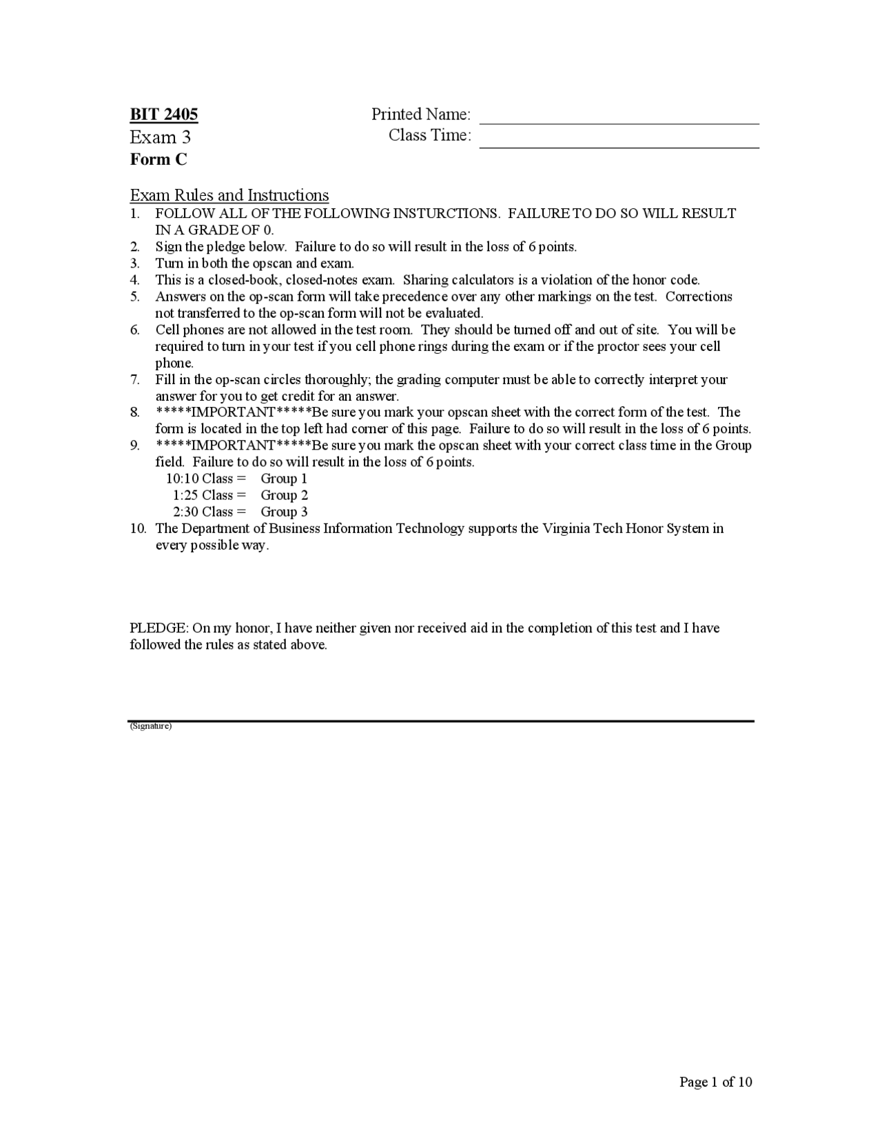 Exam 3 Form C with Solutions - Quantitative Methods | BIT 2405 - Docsity