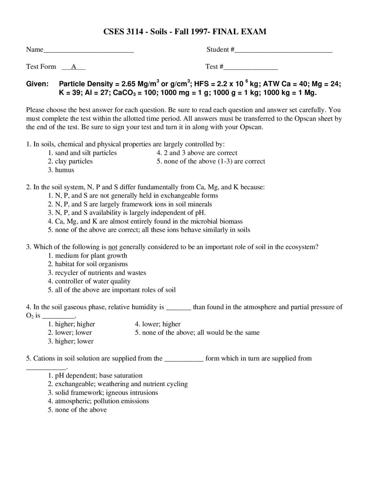 Final Exam MCQs Soils Fall 1997 CSES 3114 Exams Soil Physics