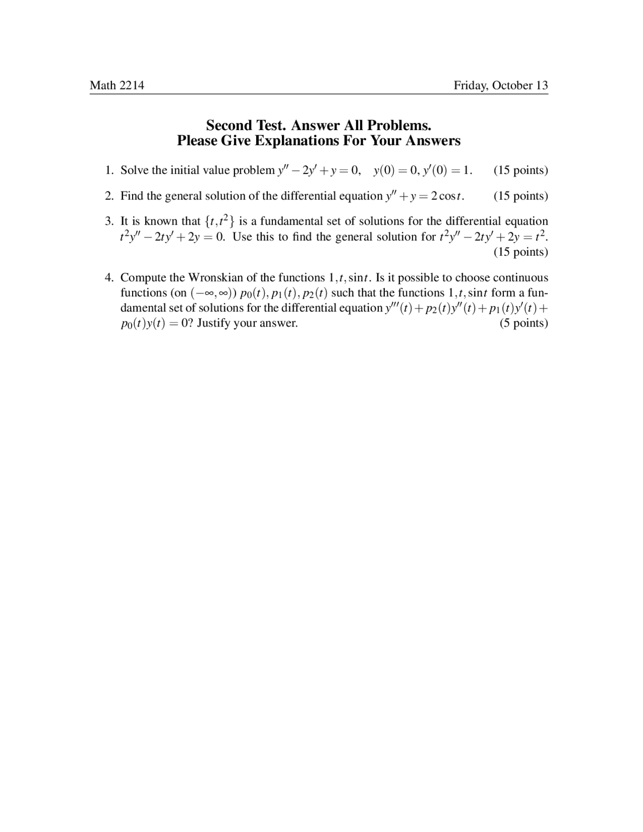 Solution to Test 2 for Introduction to Differential Equations | MATH ...