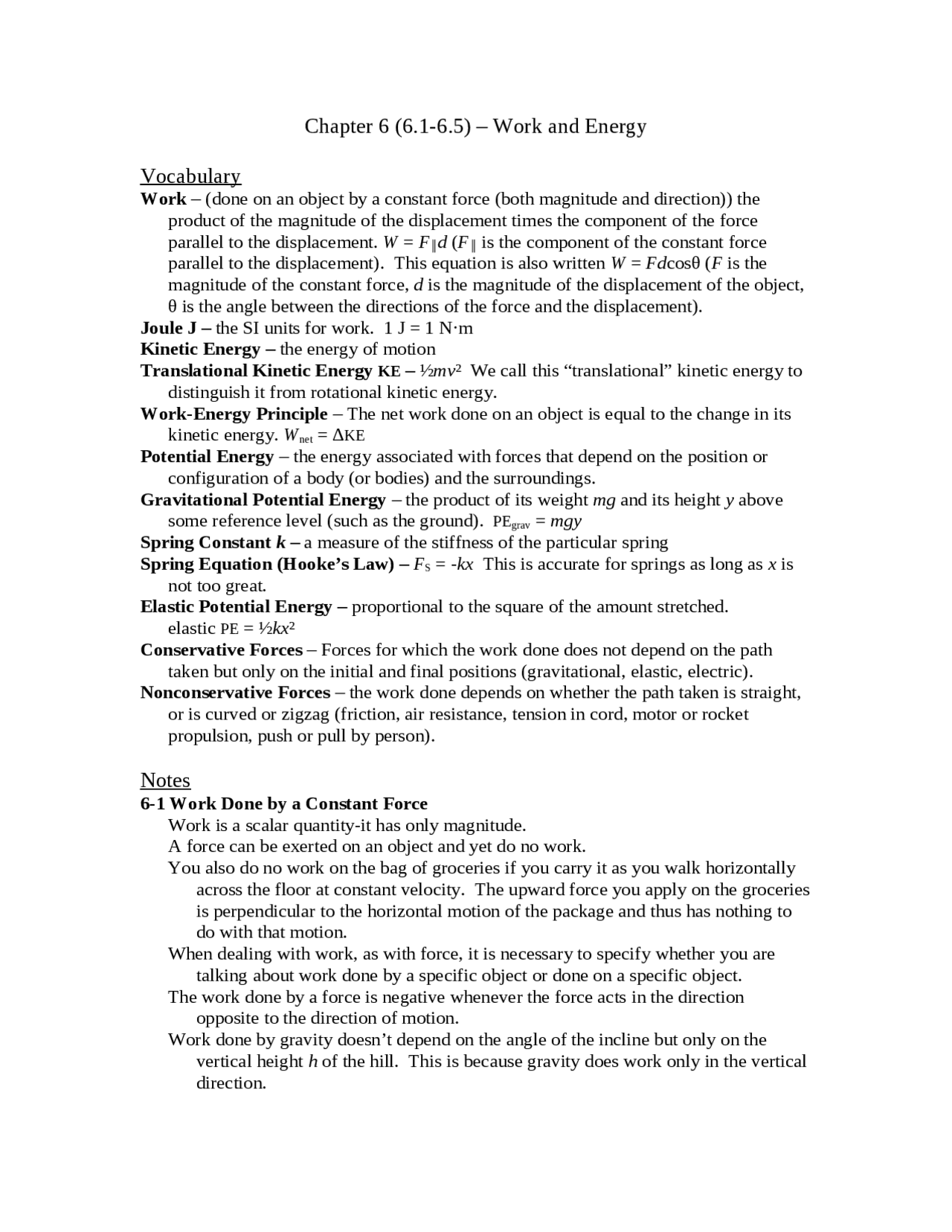 Work and Energy Vocabulary & Notes General Physics PHYS 2205 Docsity