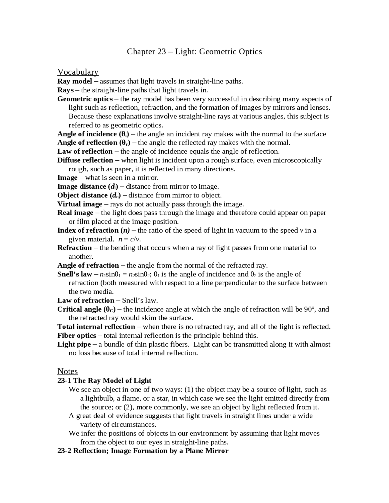 Light Geometric Optics Vocabulary PHYS 2205 Docsity