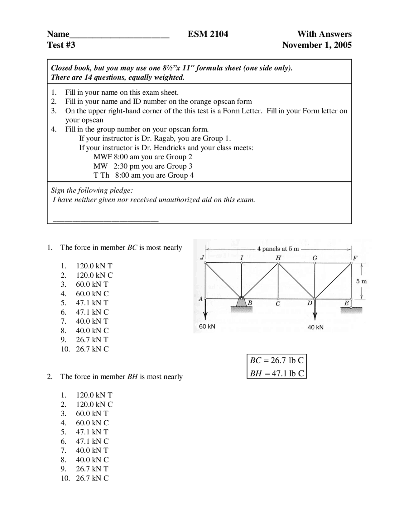 Statics - Test 3 with Answer Key | ESM 2104 - Docsity