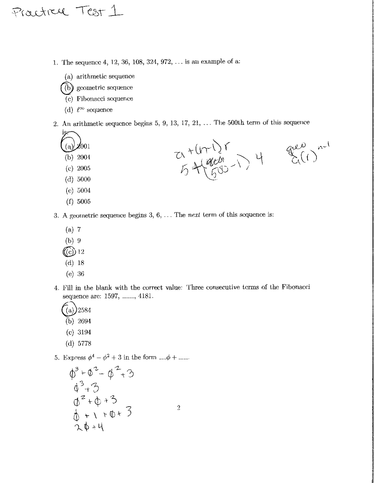One Prep Math Practice Questions 9 Questions in Practice Test 1 | MATH 1536 - Docsity