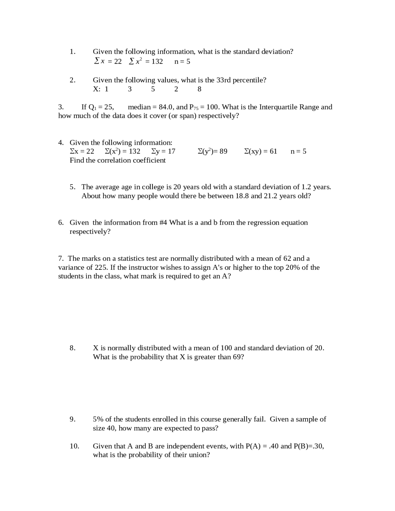Homework 7 with Answers - Introductory Statistics | STAT 2004 - Docsity