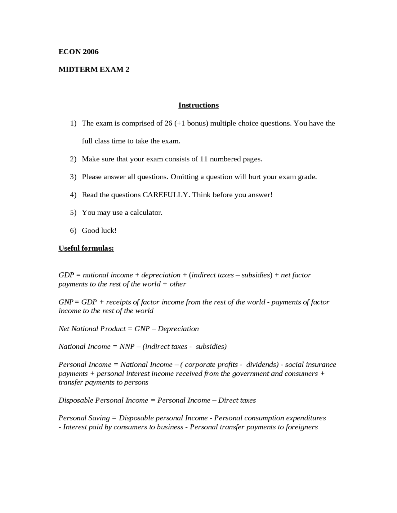 Midterm 2 with Answers - Principles of Economics | ECON 2006 - Docsity
