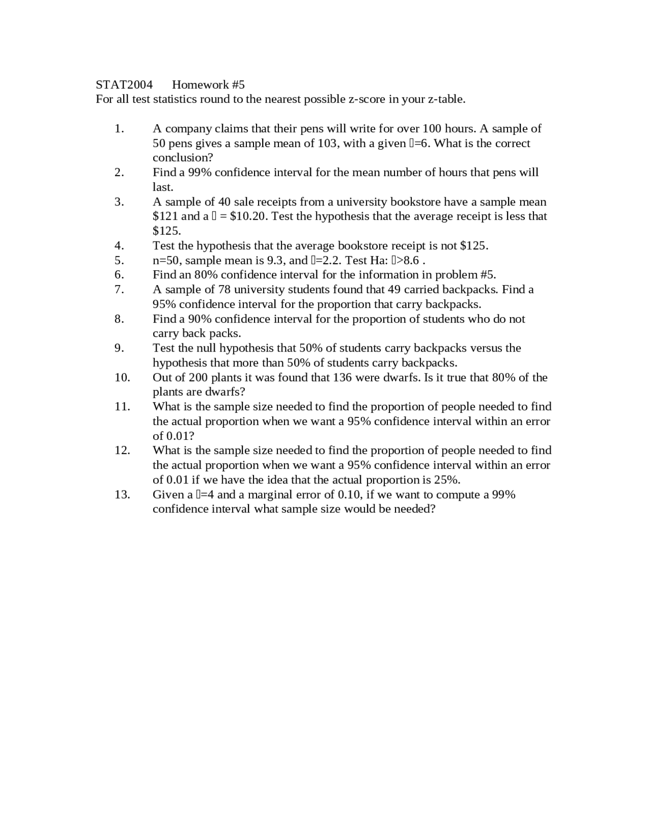 Statistical Homework Problems on Confidence Intervals and Hypothesis ...