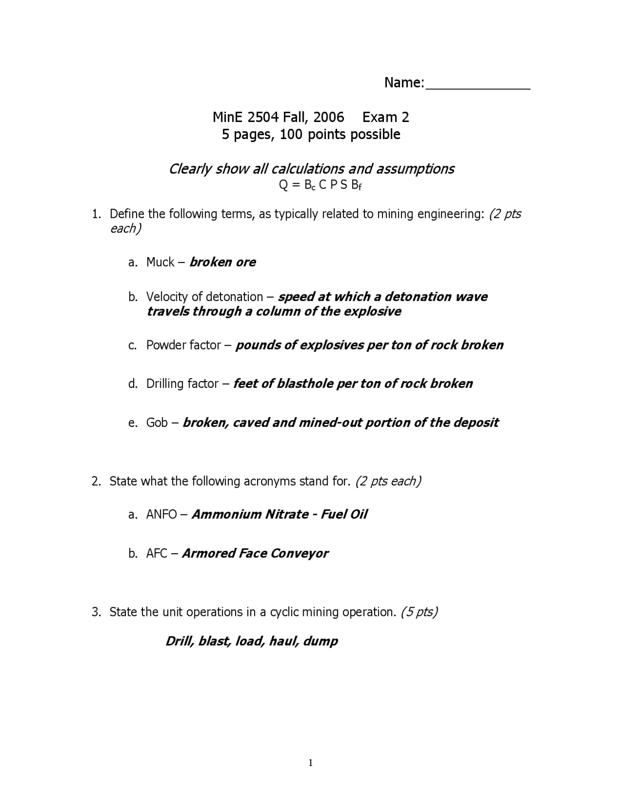 Exam 2 Questions - Introduction to Mining Engineering | MINE 2504 - Docsity