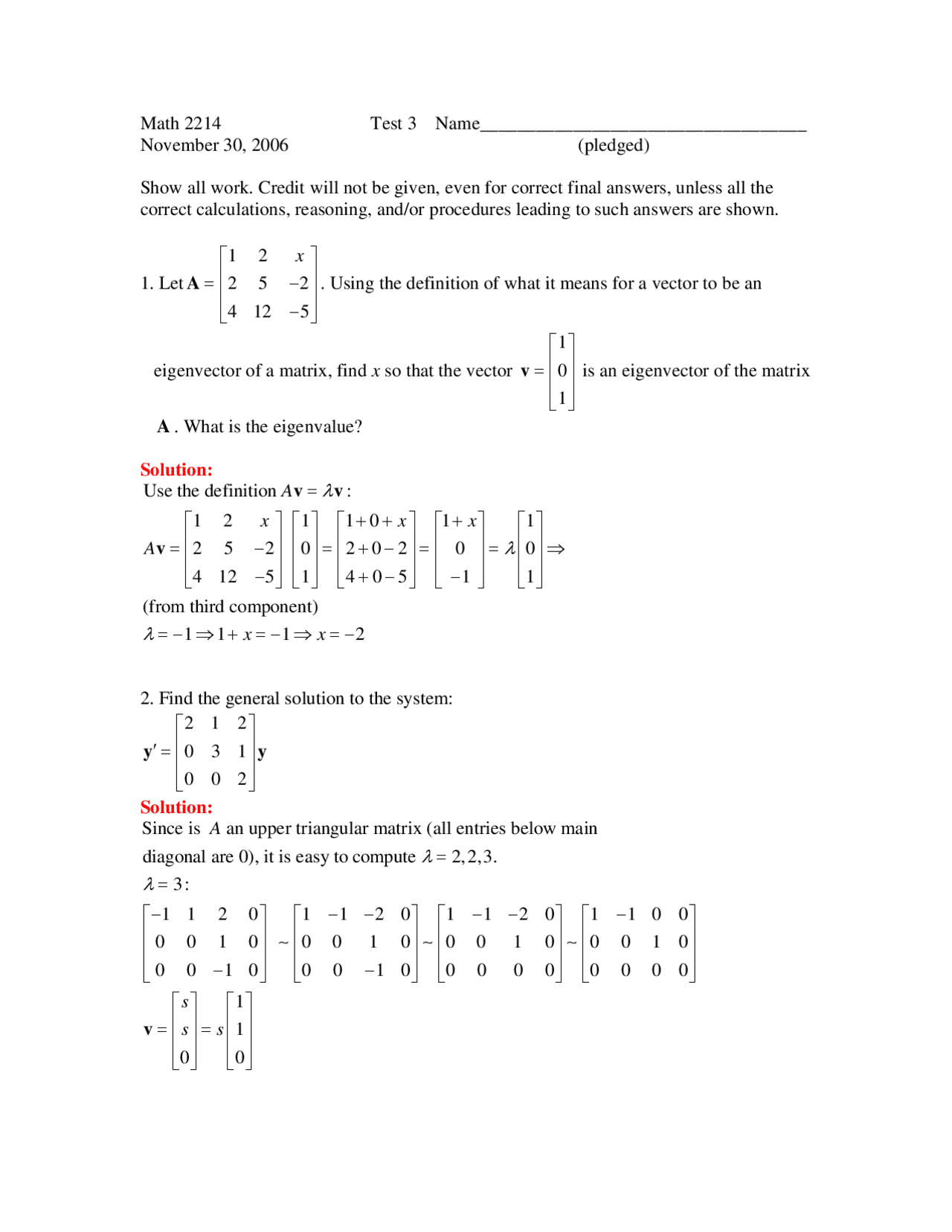 Sample Test Math 2204 Practice Test 3 Solutions - Introduction Differential Equations | MATH ...