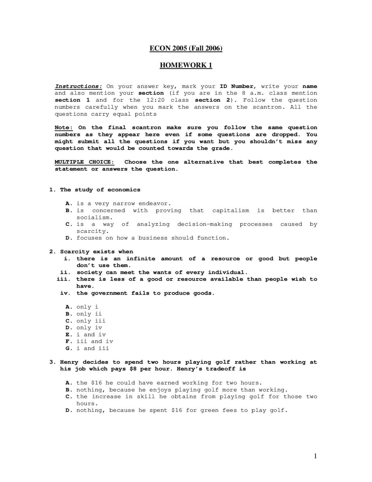 Homework 1 - Principles of Economics | ECON 2005 - Docsity