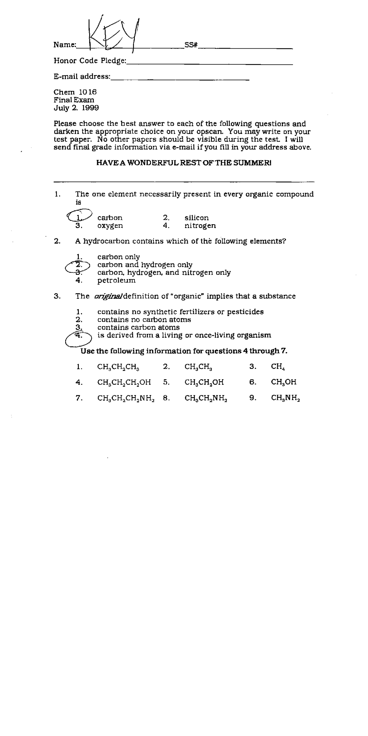 Introduction to Chemistry Final Exam CHEM 1016 Docsity