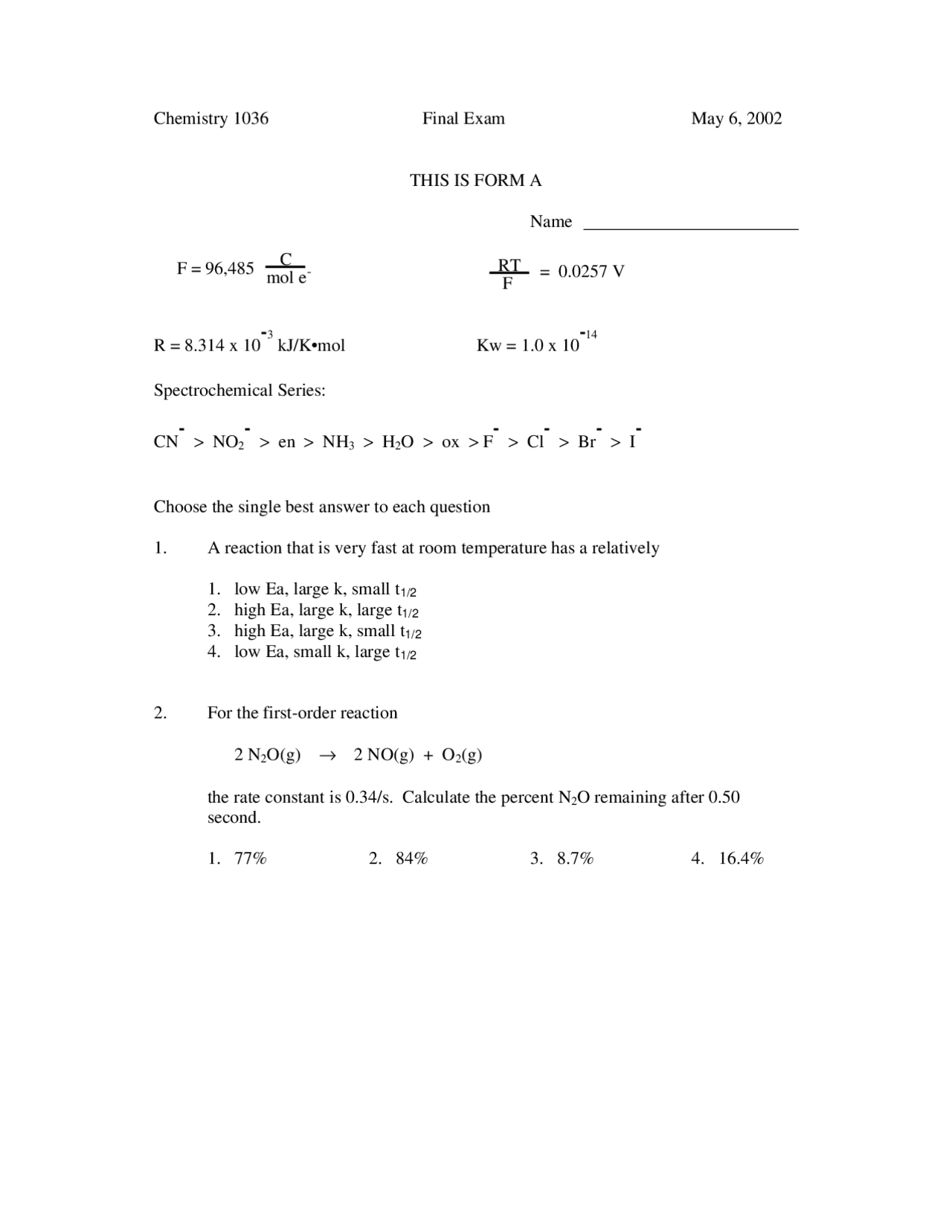 Practice Final Exam - General Chemistry | CHEM 1036 - Docsity