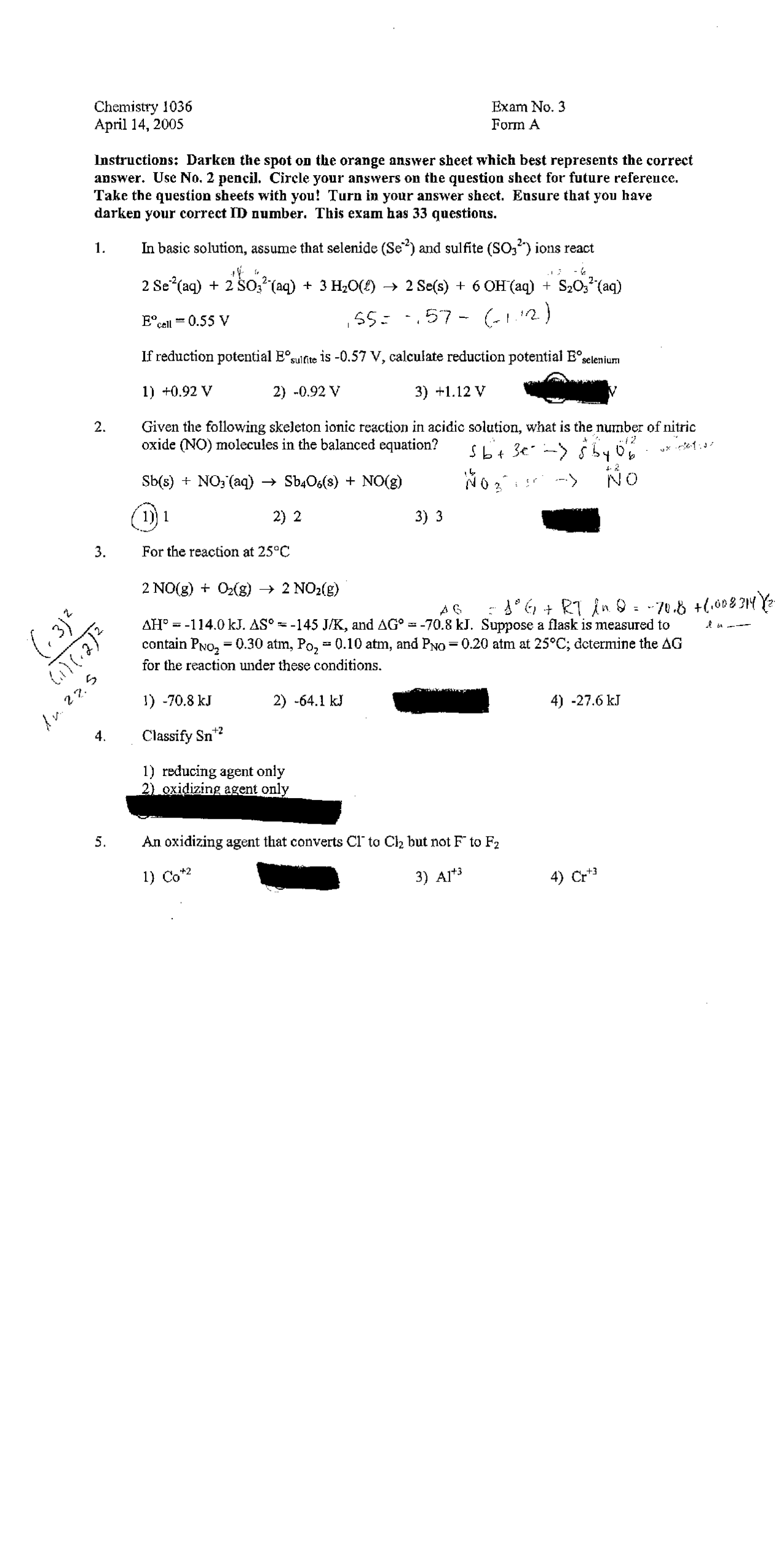 Solved Questions for Exam 3 - General Chemistry | CHEM 1036 - Docsity