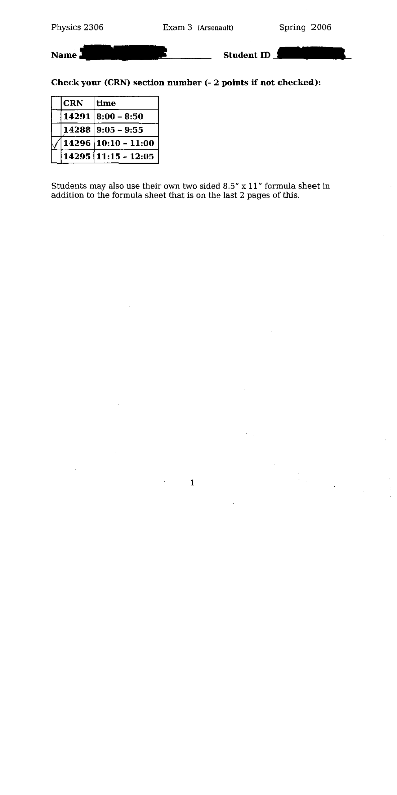 Exam 3 - Foundations of Physics I | PHYS 2306 - Docsity