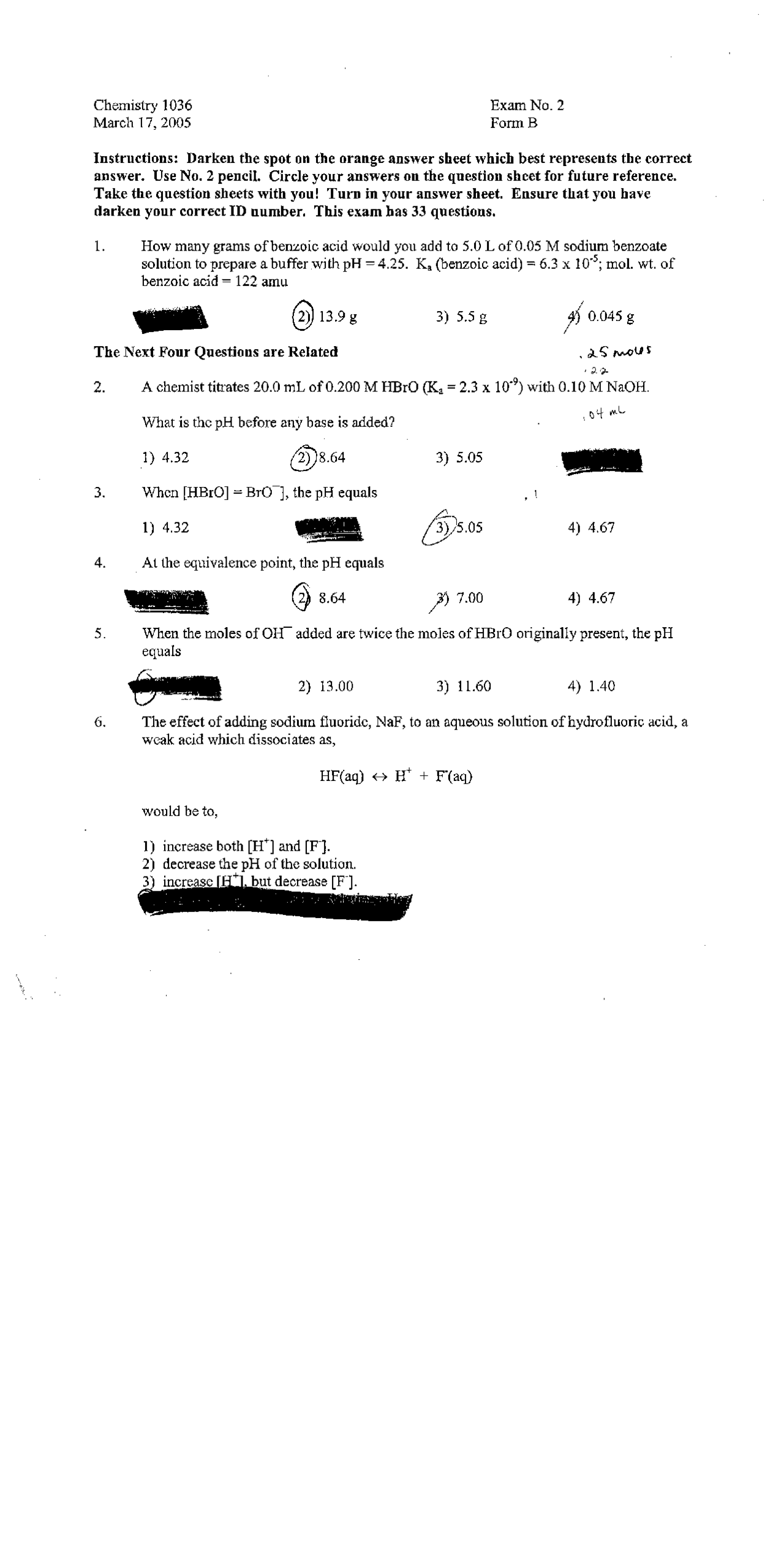 Exam 2 with Solution Key for General Chemistry | CHEM 1036 - Docsity