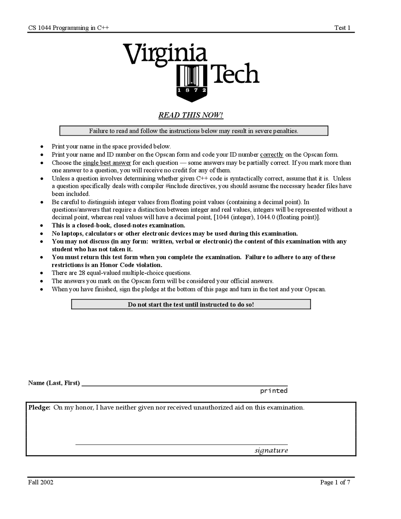First midterm and key Introduction Programming in C++ | CS 1044 - Docsity