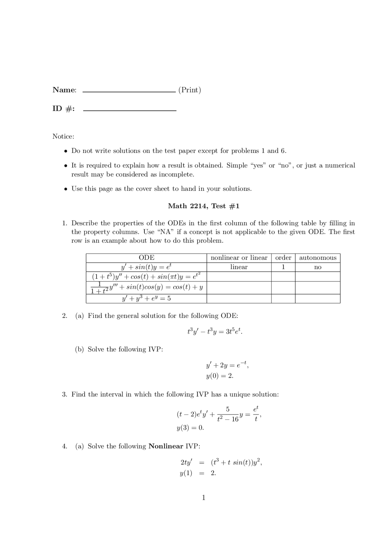 Differential Equations Test 2 with Solution Key MATH 2214 Exams