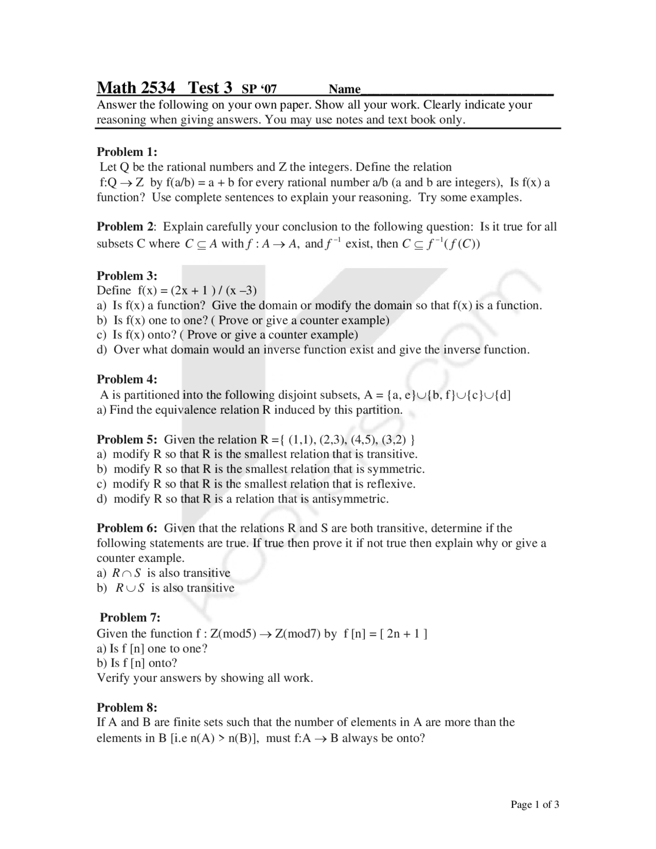 15 Problems on Introduction to Discrete Math - Exam 3 | MATH 2534 ...