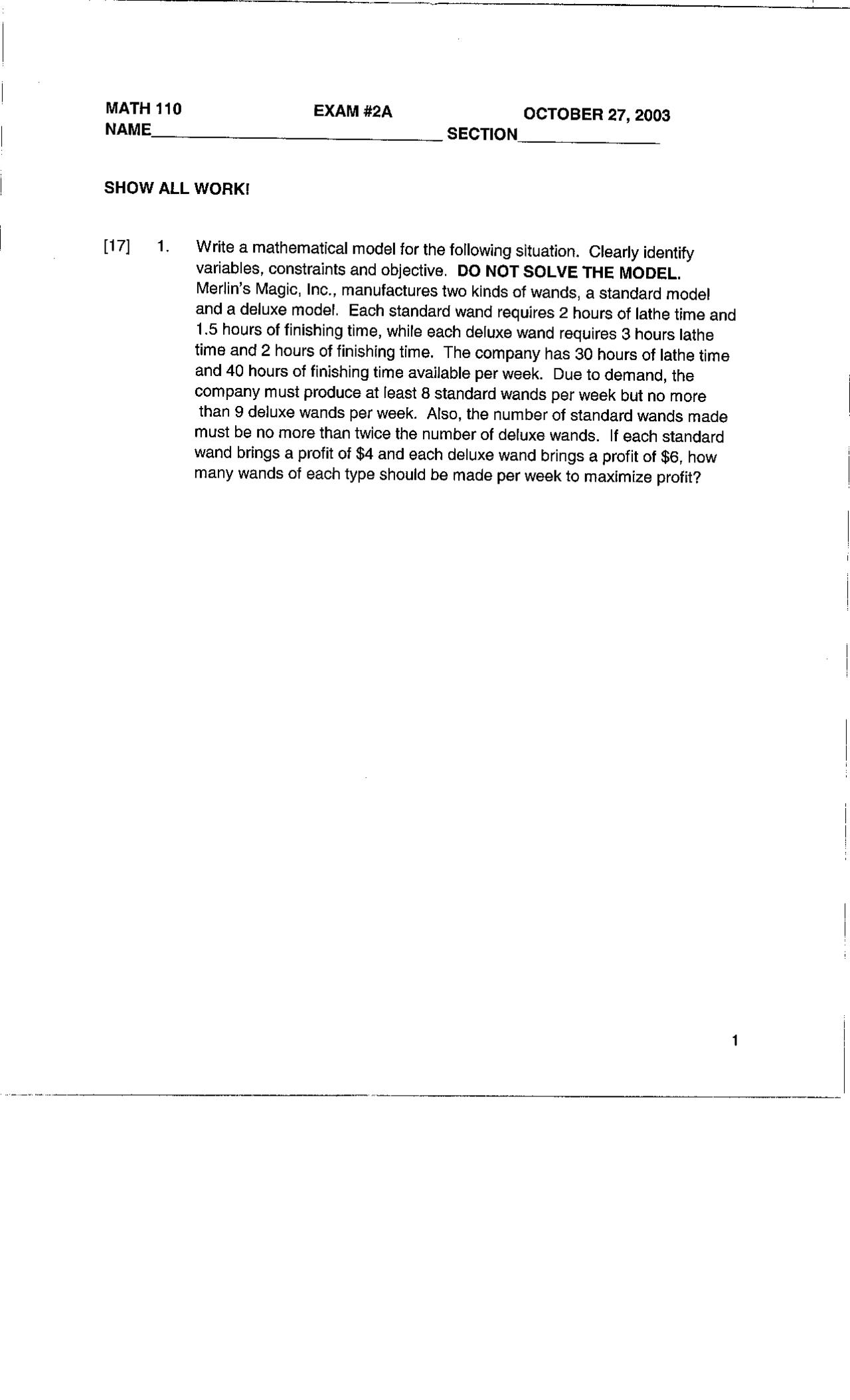 Exam 2 A - Elementary Mathematics Models | MATH 110 - Docsity