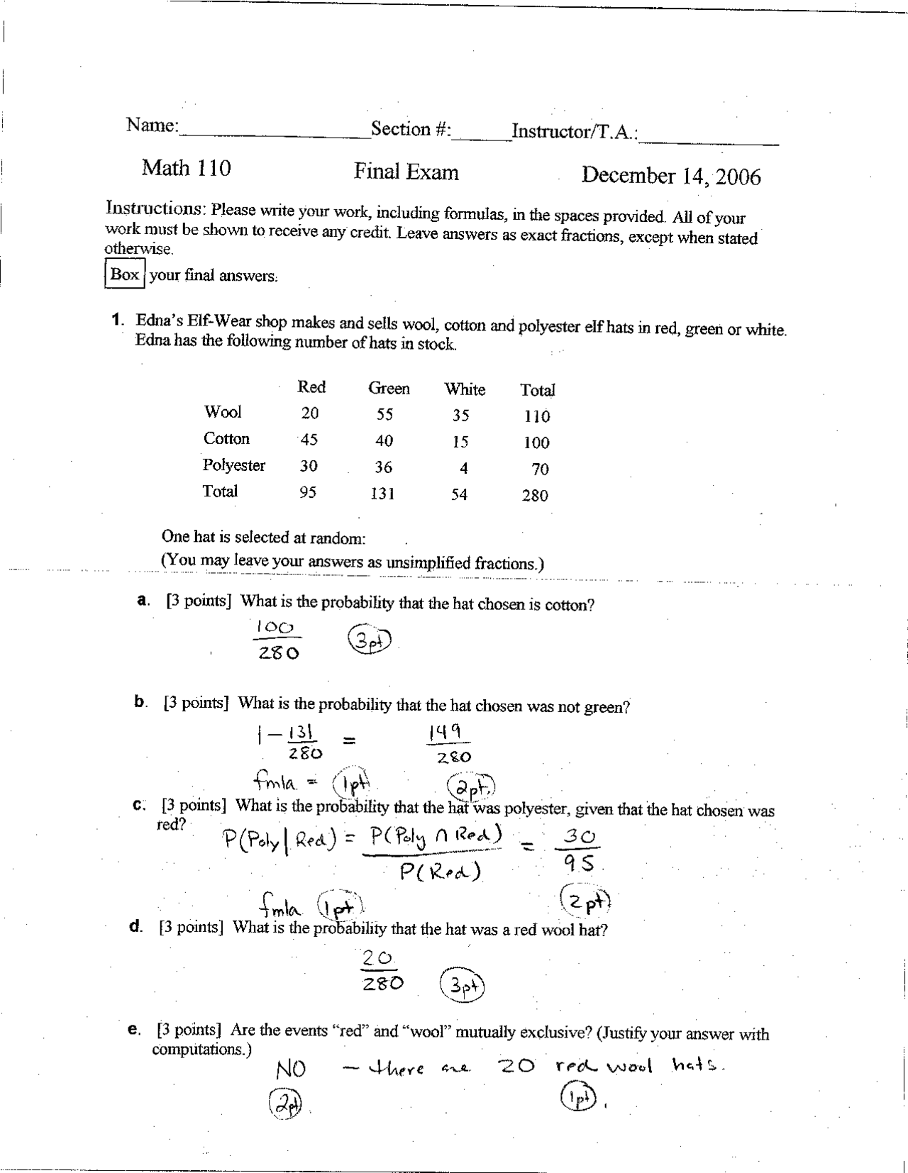 Math Model Exam Final Exam with Solution - Elementary Mathematics Models | MATH 110 ...