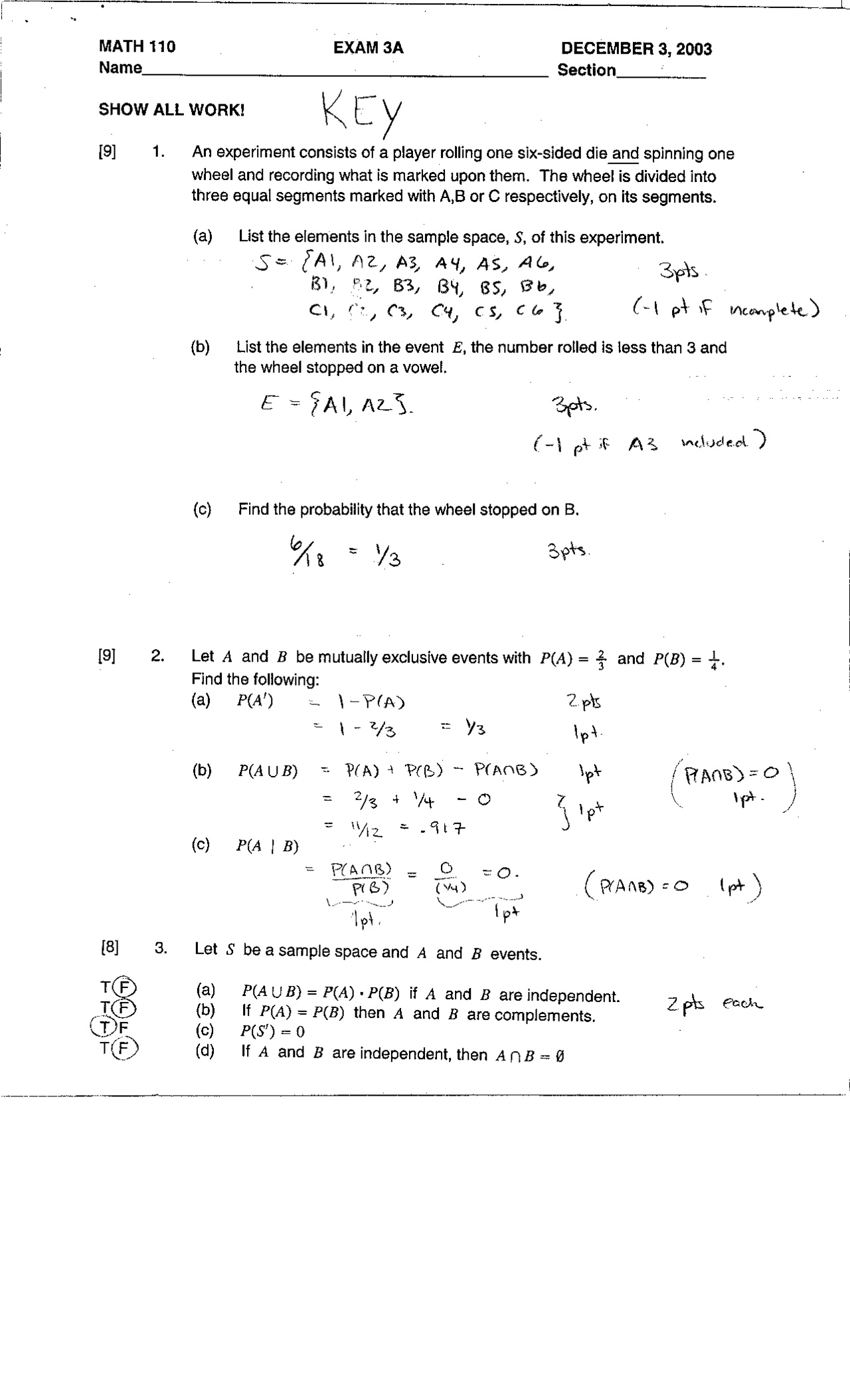 Test Solutions 3 A - Elementary Mathematical Models | MATH 110 - Docsity