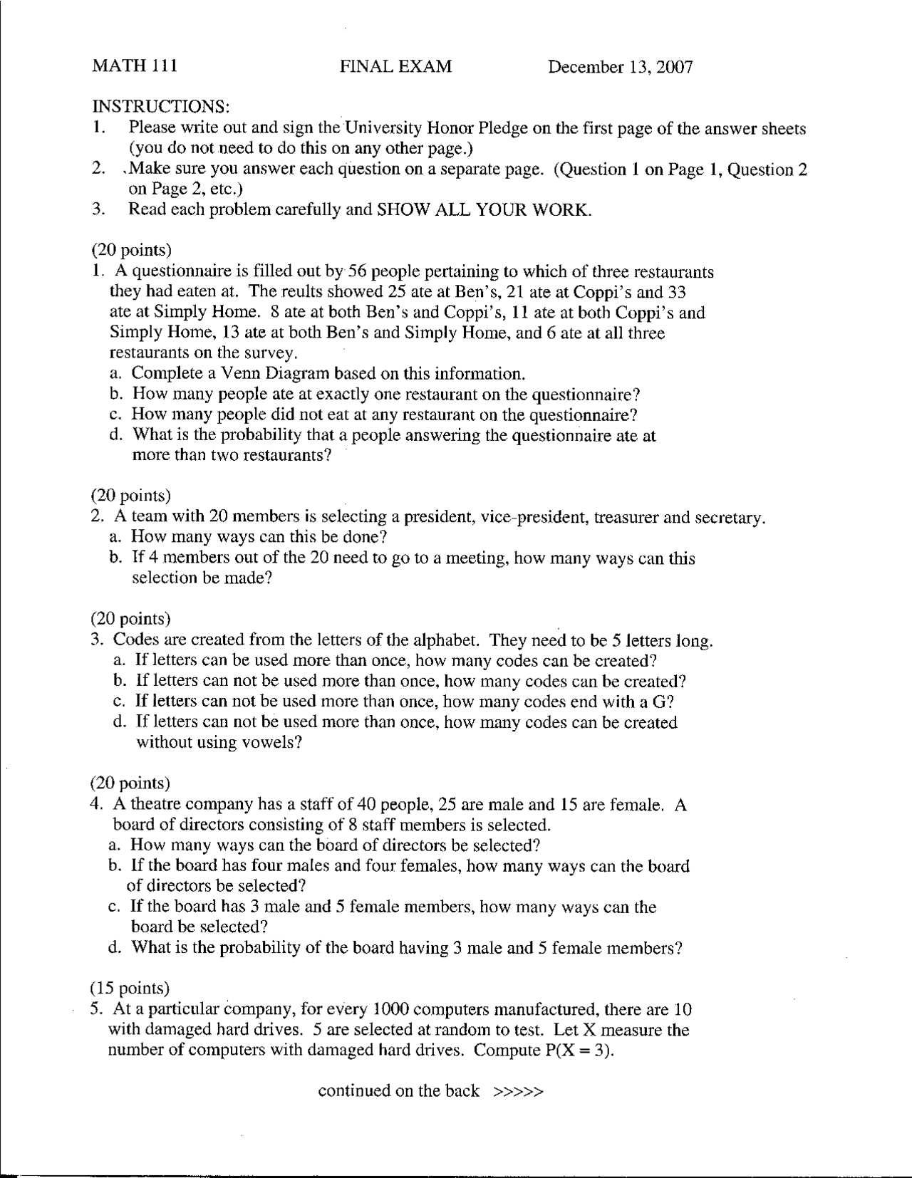 Introduction to Probability - Final Exam Fall 2007 | MATH 111 | Exams ...