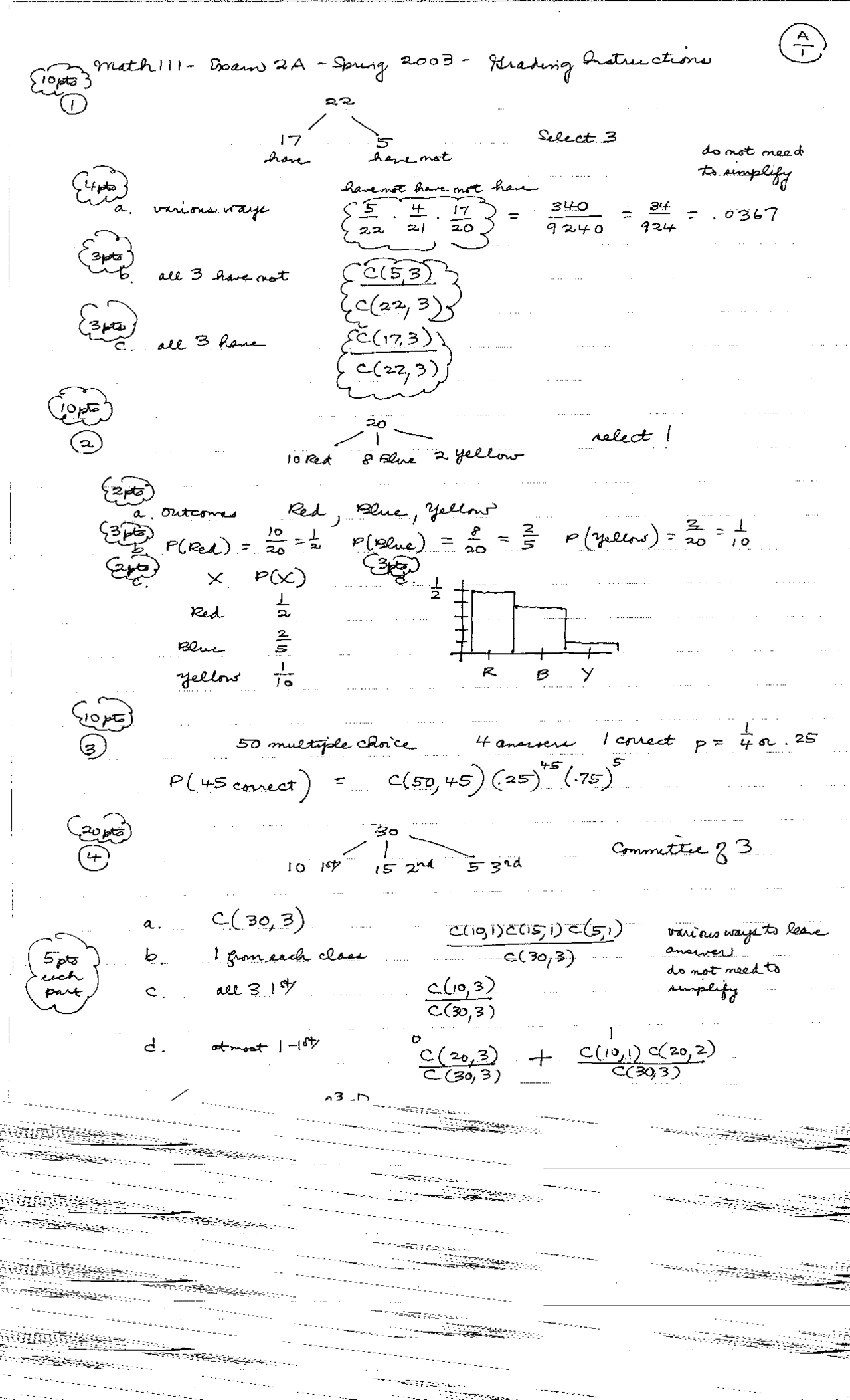 Introduction to Probability - Test 2A Solutions | MATH 111 - Docsity