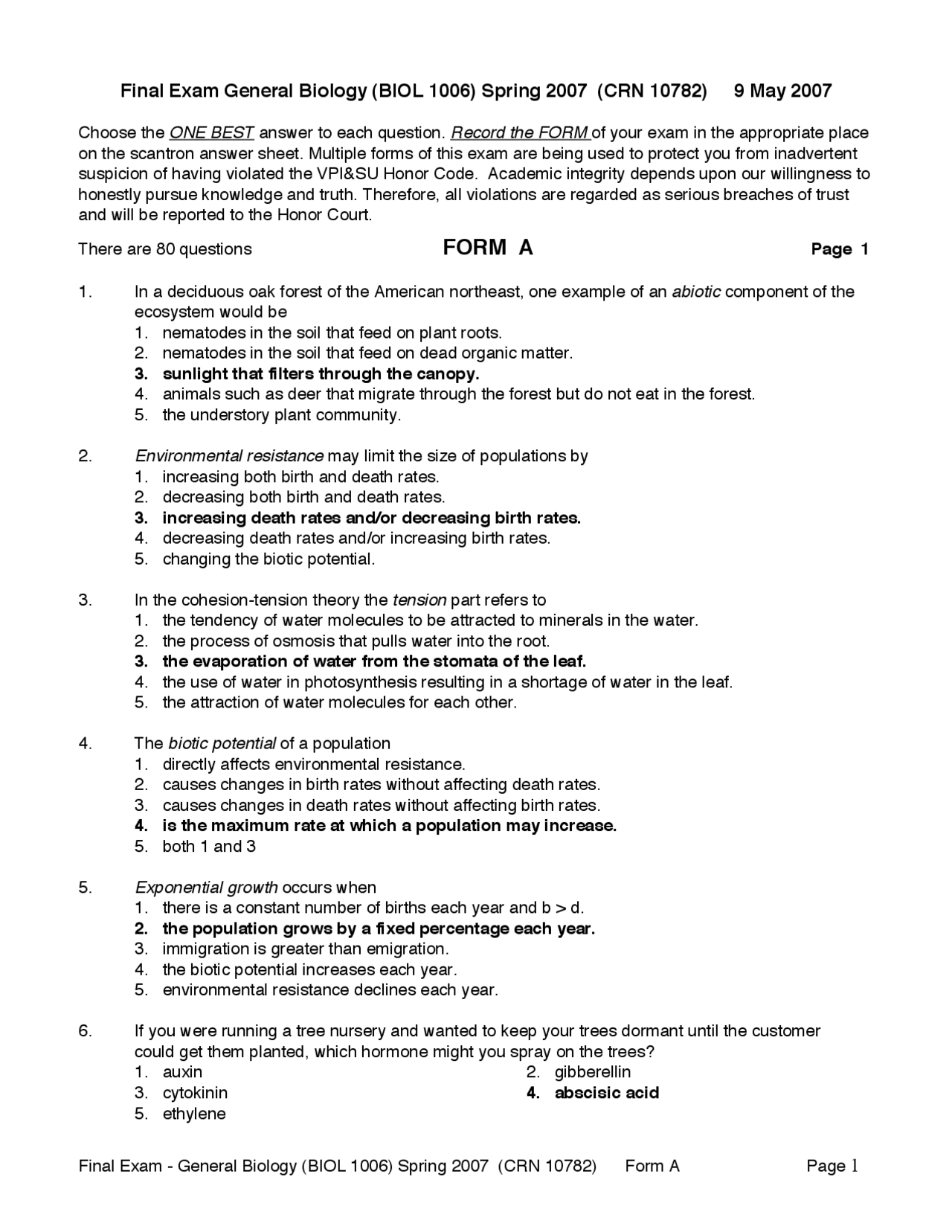 Final Exam with Answers - General Biology | BIOL 1006 | Exams Biology ...