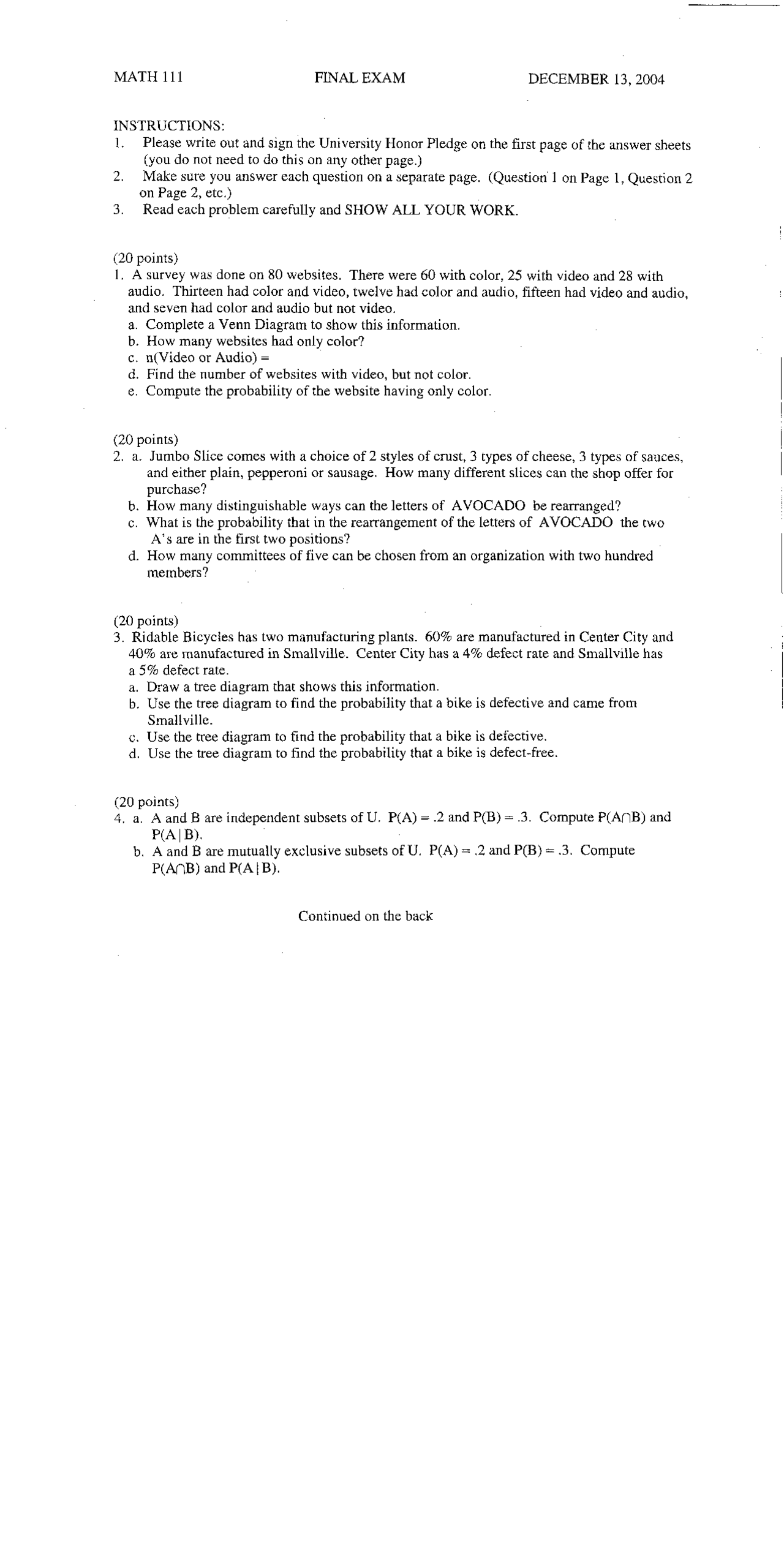 Final Exam | Introduction to Probability | MATH 111 - Docsity