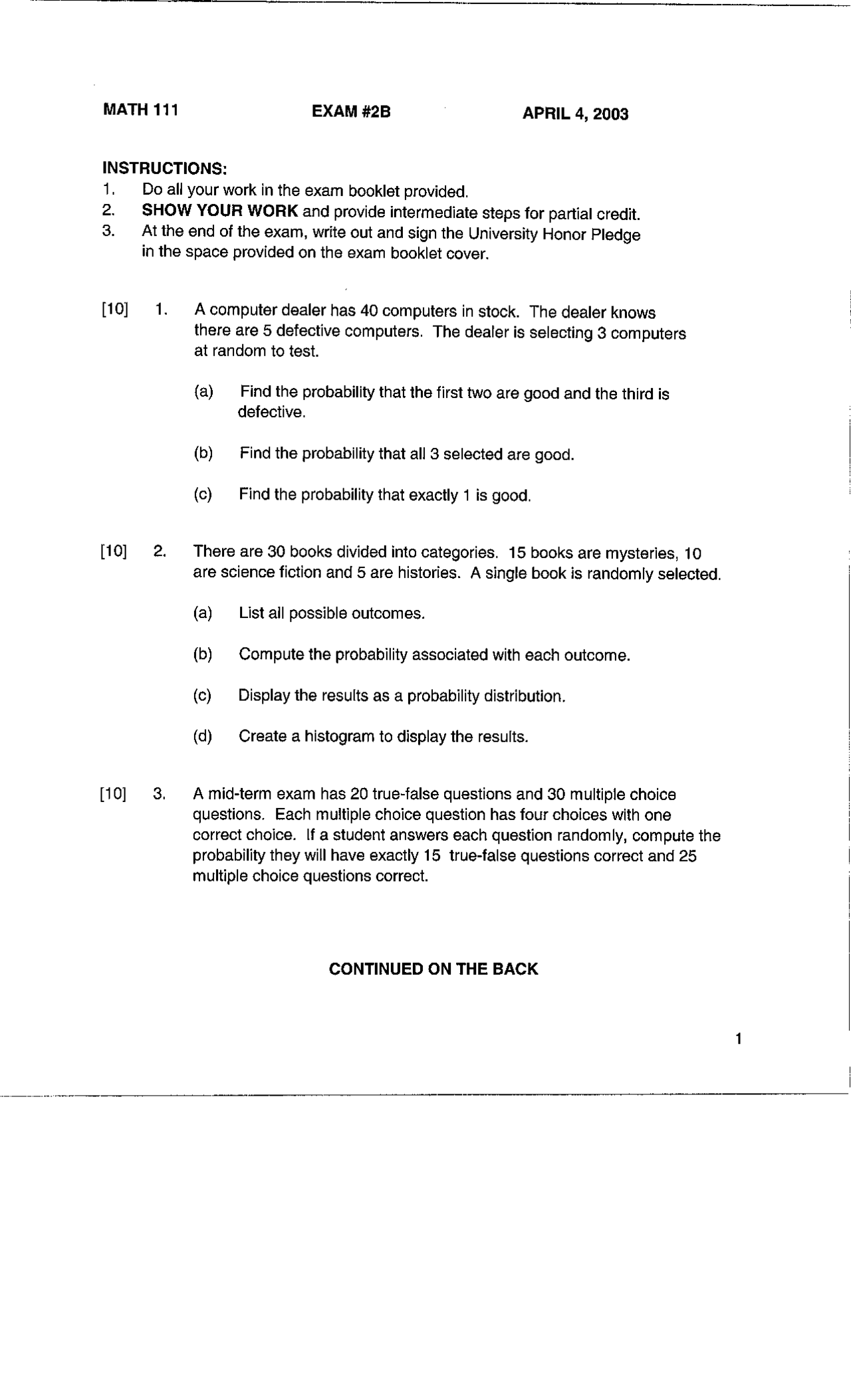 Introduction to Probability - Exam 2 B | MATH 111 - Docsity