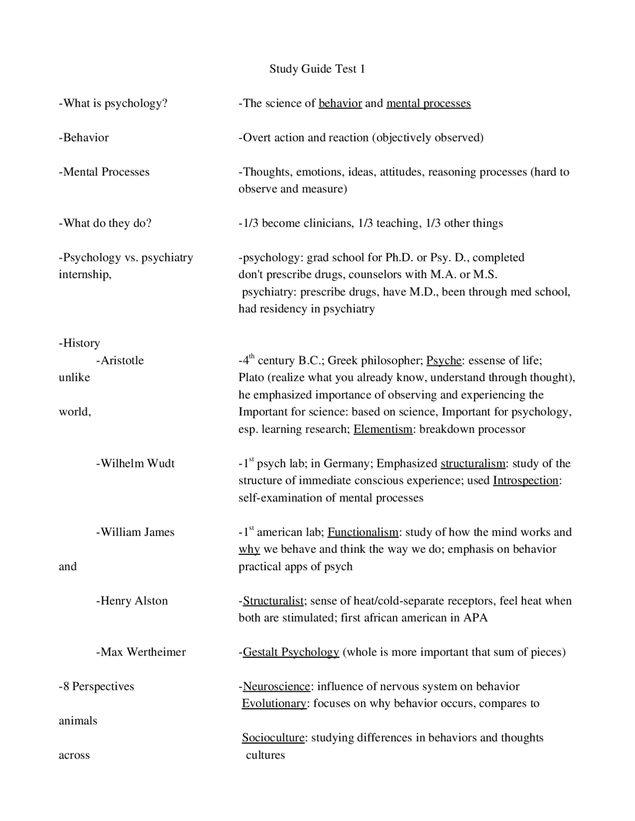 Study Guide Test #1 - Introductory Psychology | PSYC 2004 - Docsity