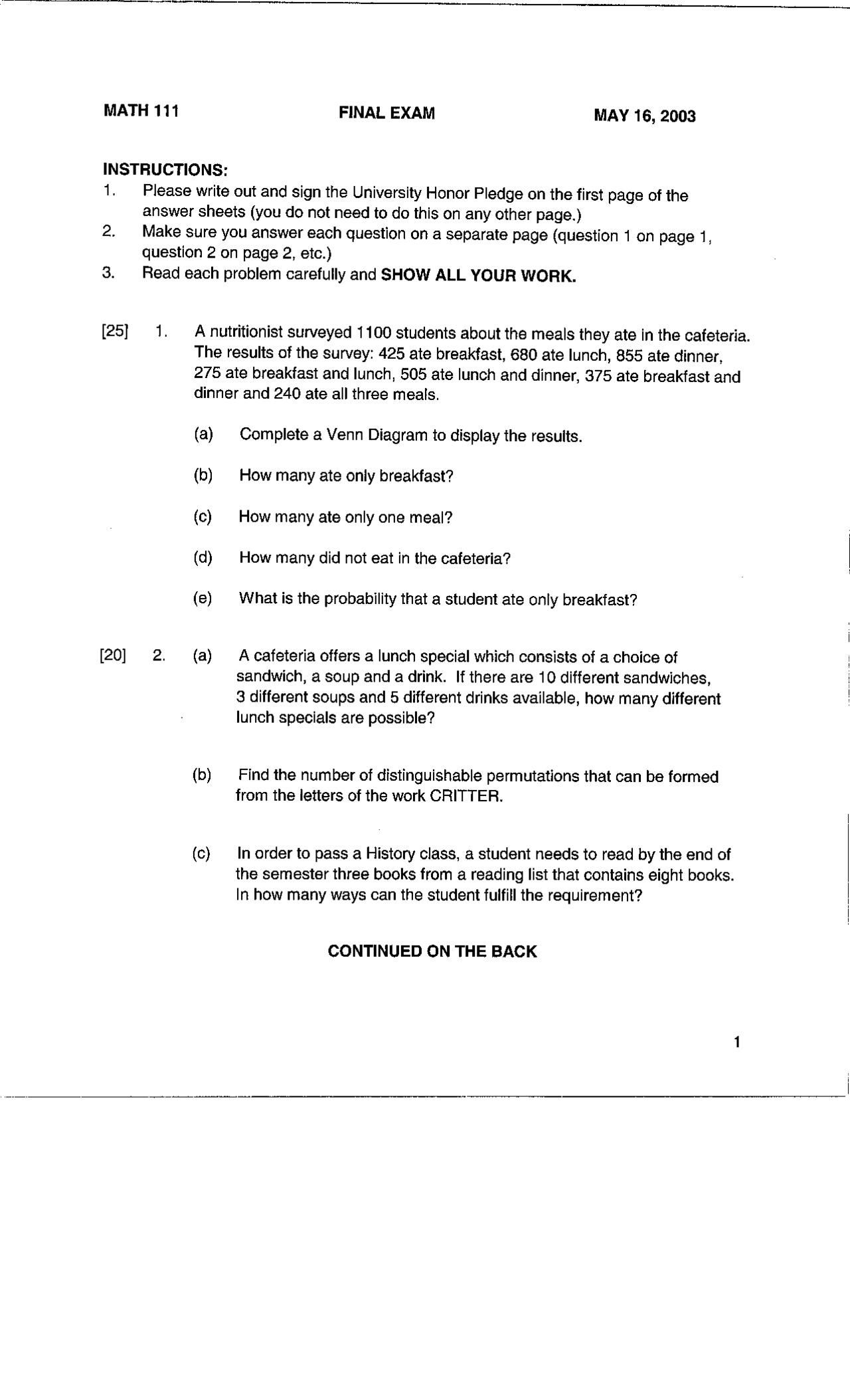 Final Exam - Introduction to Probability | MATH 111 - Docsity