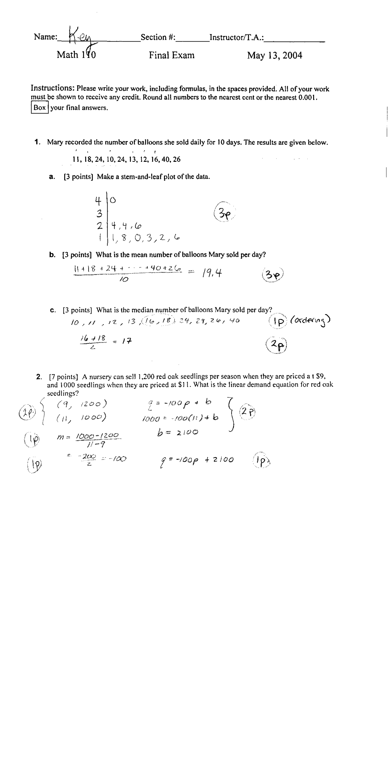 Exam - 19 Questions on Elementary Math Models with Solutions | MATH 110 ...