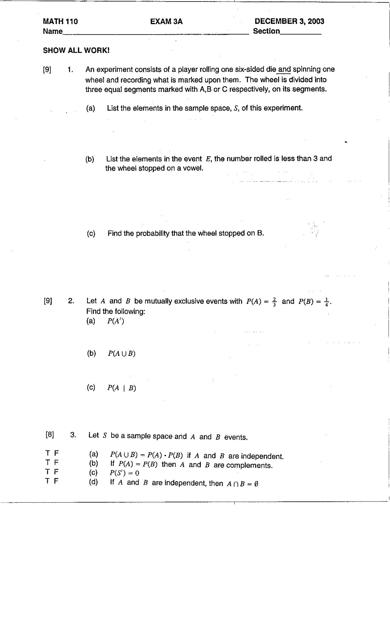 Math Model Exam Exam 3 A - Elementary Mathematics Models | MATH 110 - Docsity