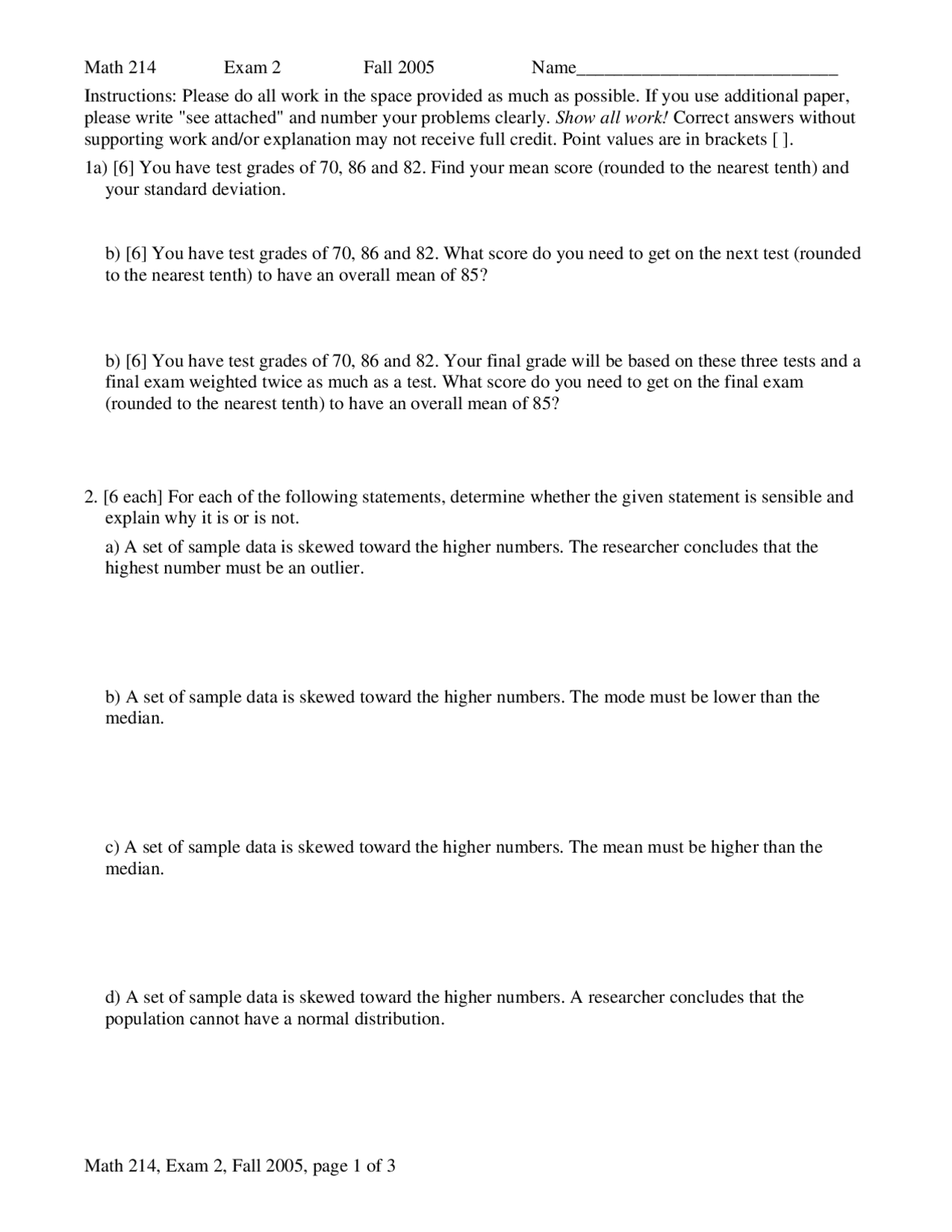 Exam 2 Question - Elements of Probability and Statistics - Fall 2004 ...
