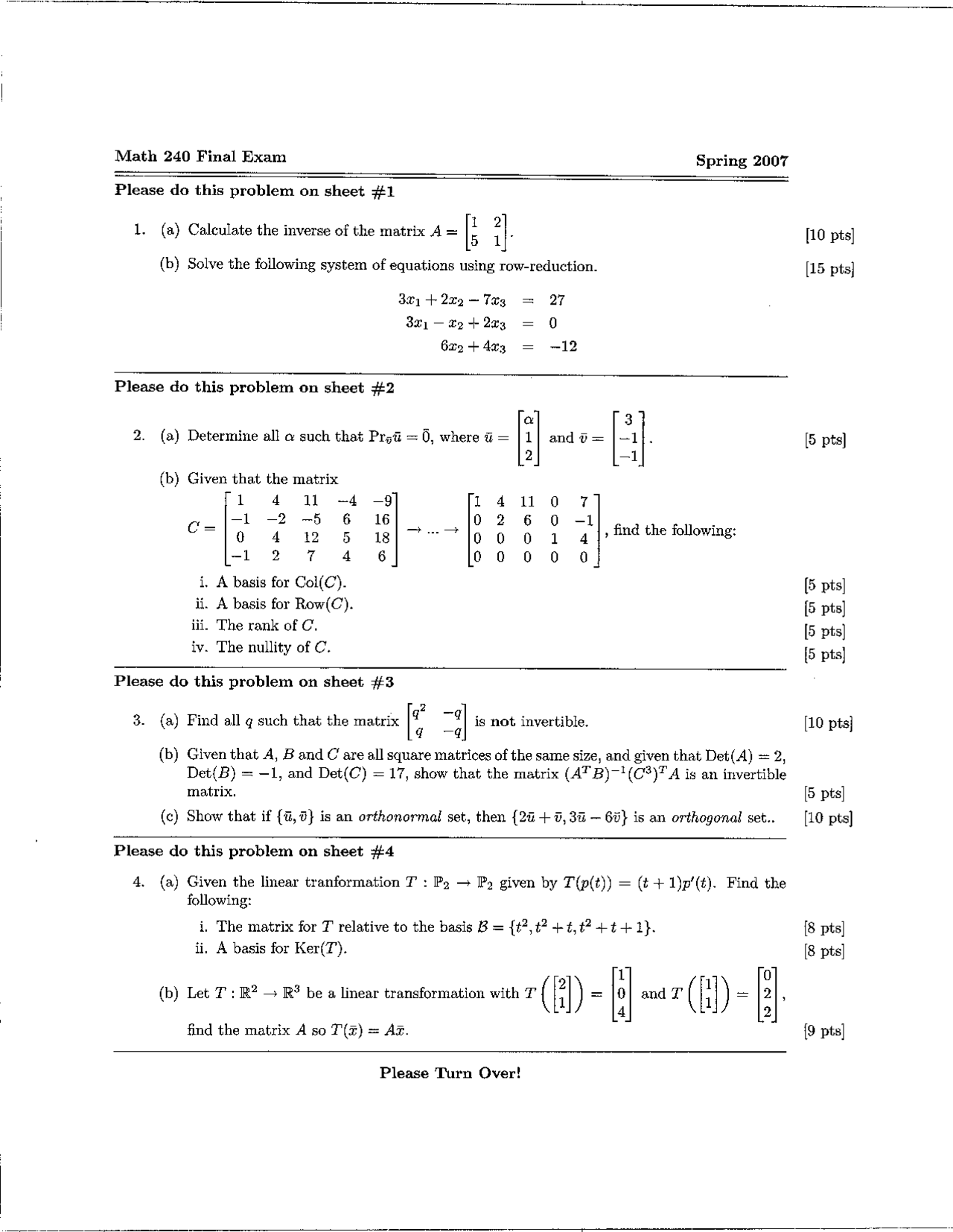 8 Problems on Introduction to Linear Algebra - Final Exam | MATH 240 ...