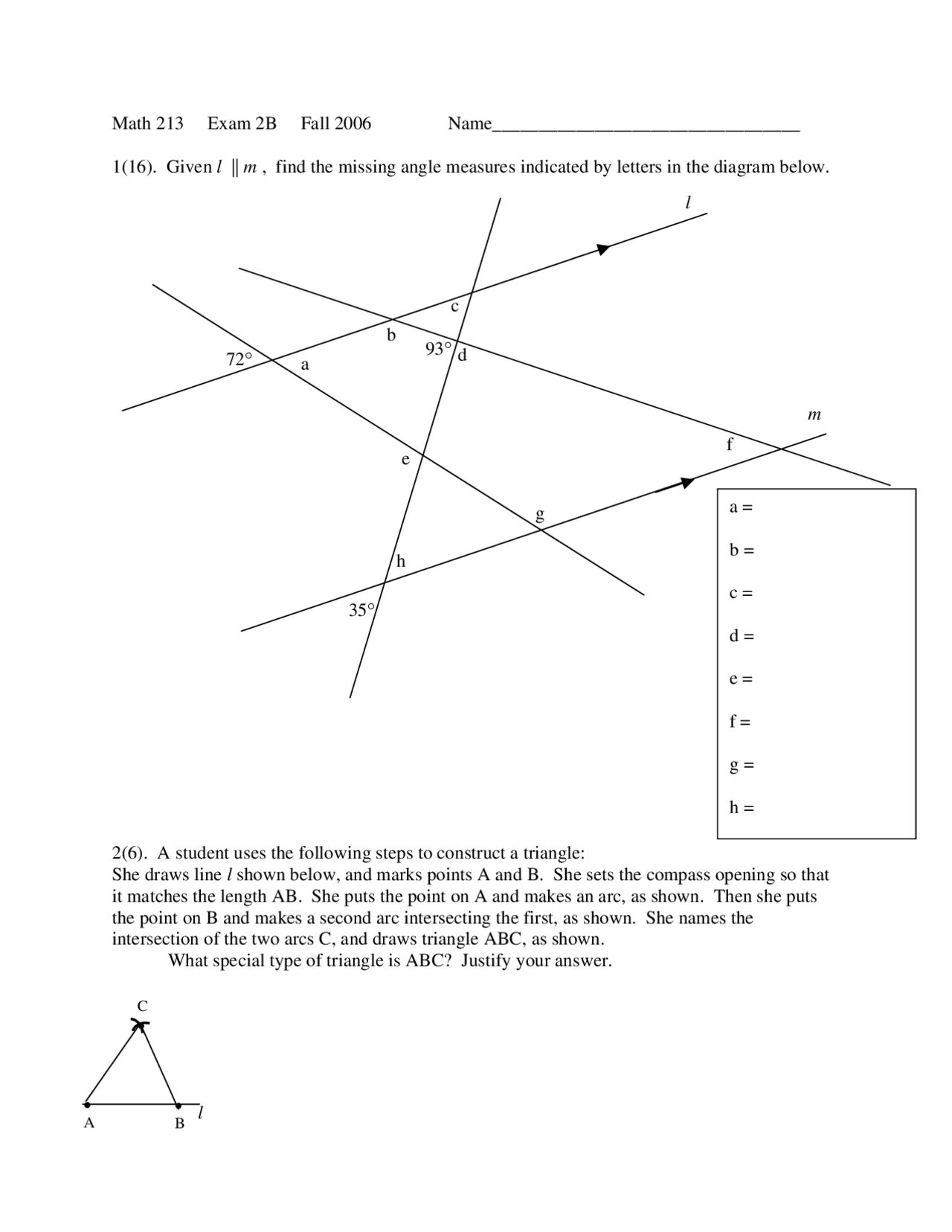 Unsolved Exam 2 Elements of Geometry and Measurements MATH 213