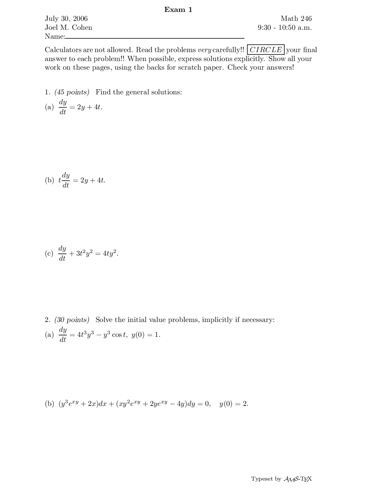 Exam 1 Questions Differential Equations for Engineers and Scientists