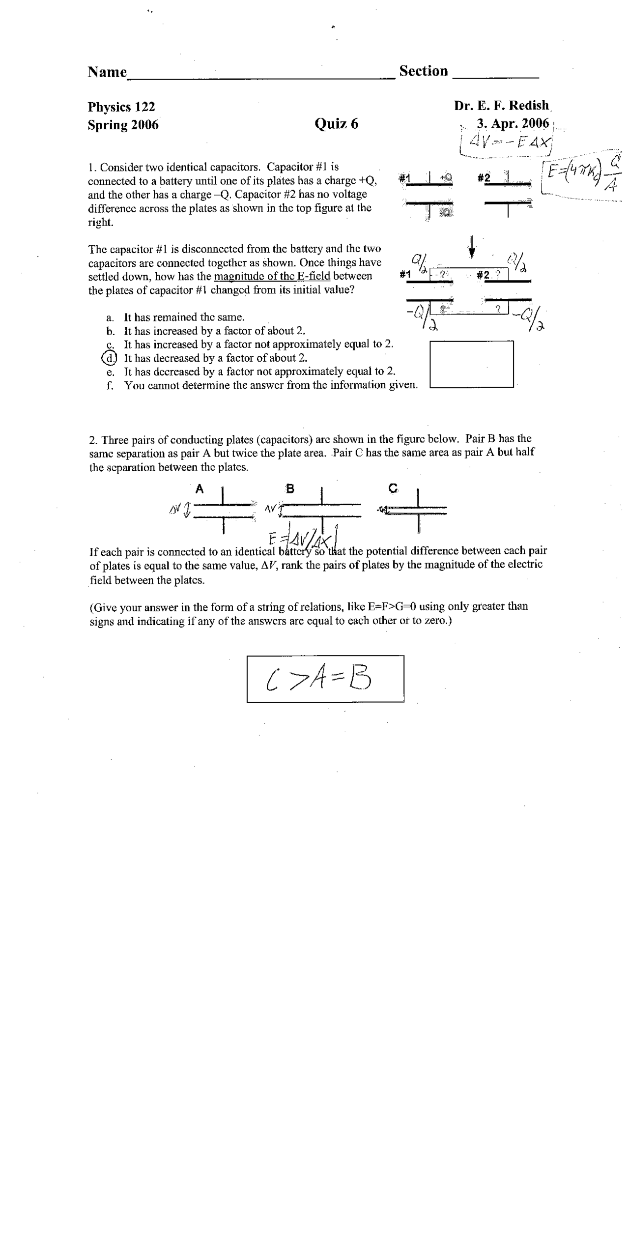 Quiz 6 Handwritten Solution - Fundamental of Physics II | PHYS 122 ...