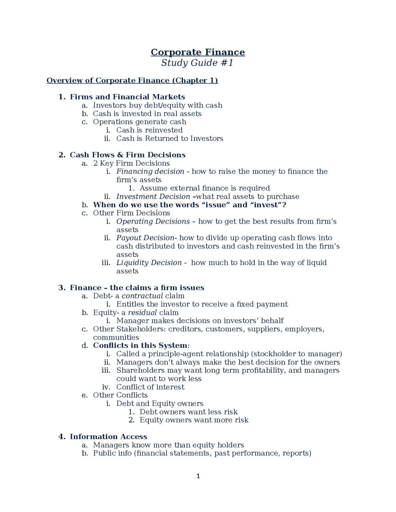 Study Guide on Corporate Finance | FIN 3154 - Docsity