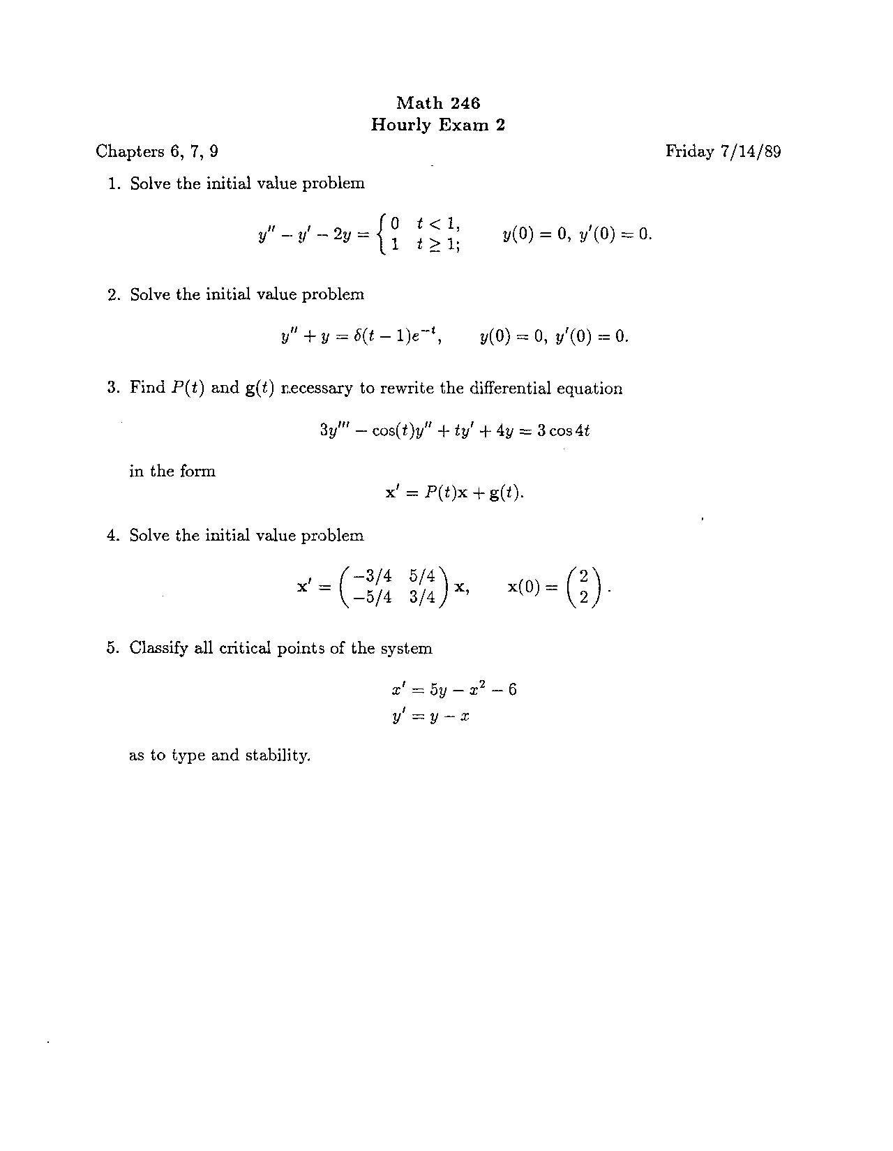 Test 2 Sample Questions on Differential Equations for Scientist and ...