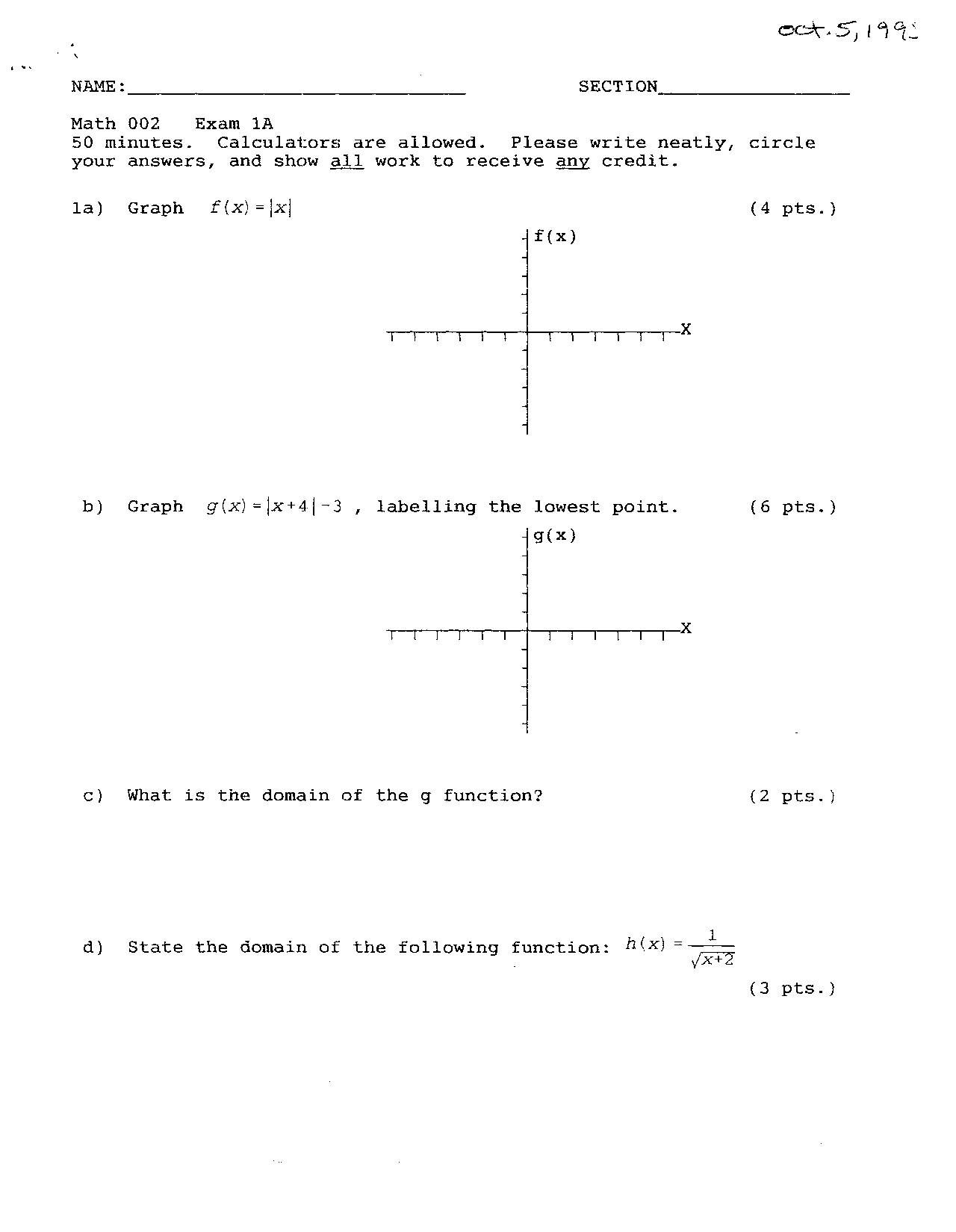 Exam 1A Questions - Developmental Mathematics | MATH 003 | Exams ...