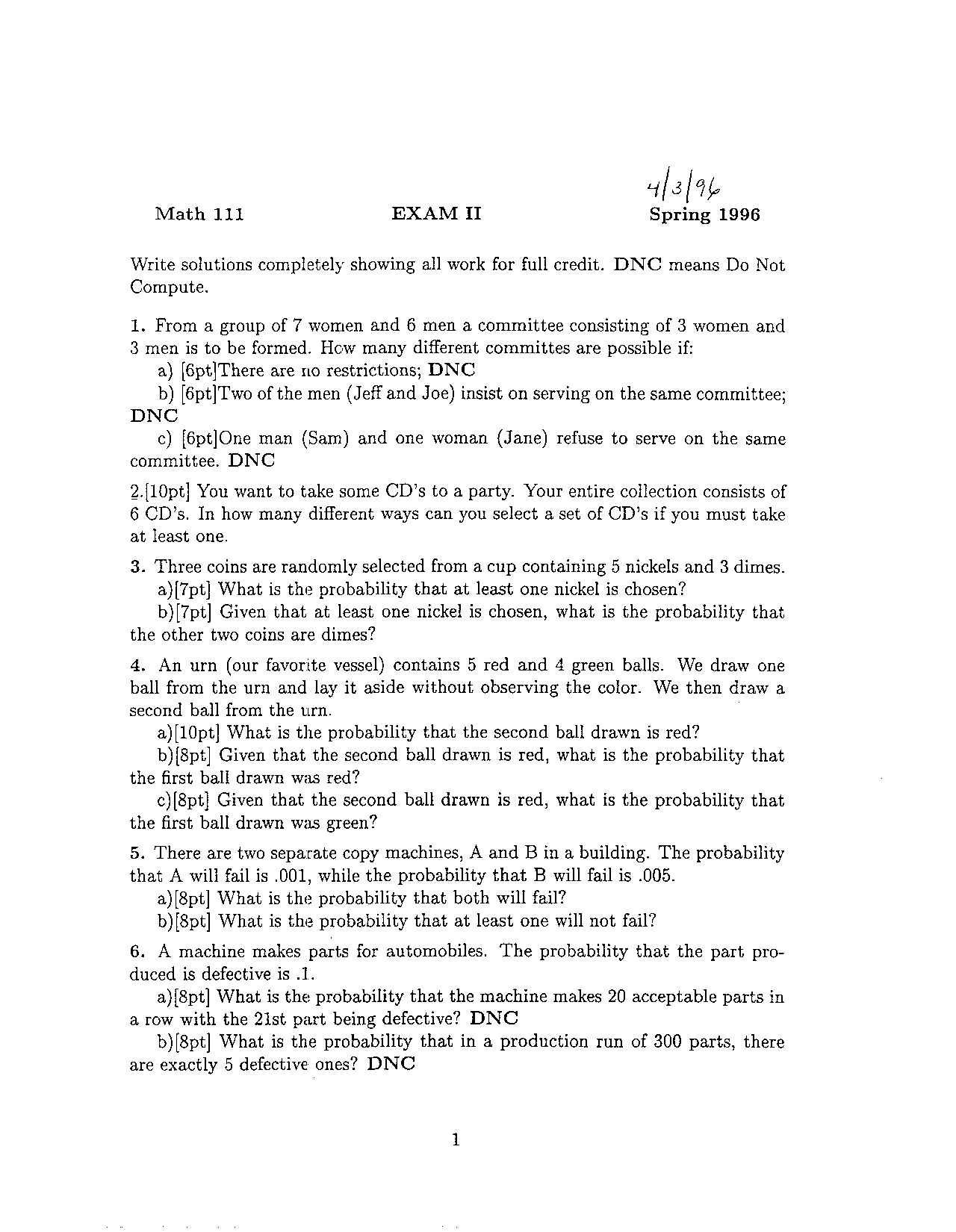 Exam 2 - Introduction to Probability - Spring 1996 | MATH 111 - Docsity